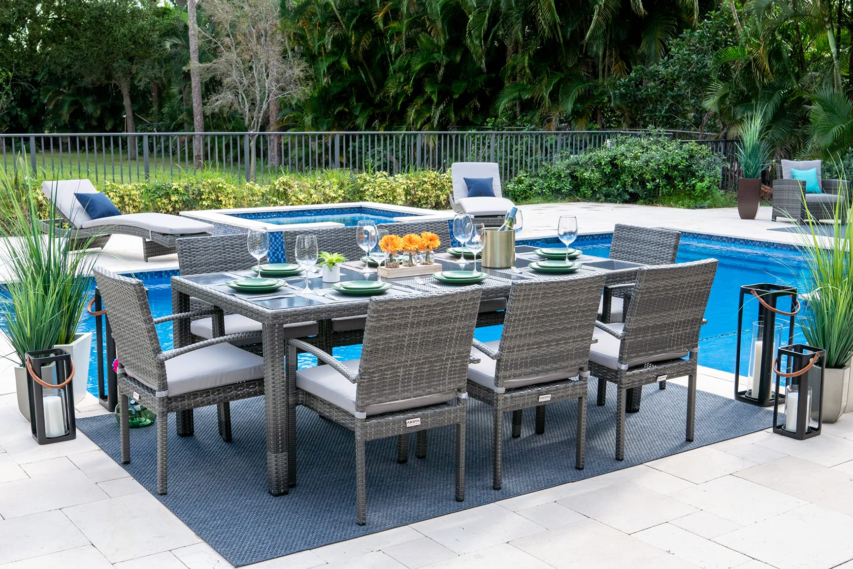 Bari 9-Piece Resin Wicker Outdoor Patio Dining Set - Mixed Gray Rattan Table with 8 Cushioned Chairs | Durable All-Weather Furniture for Backyard, Garden & Poolside Entertaining