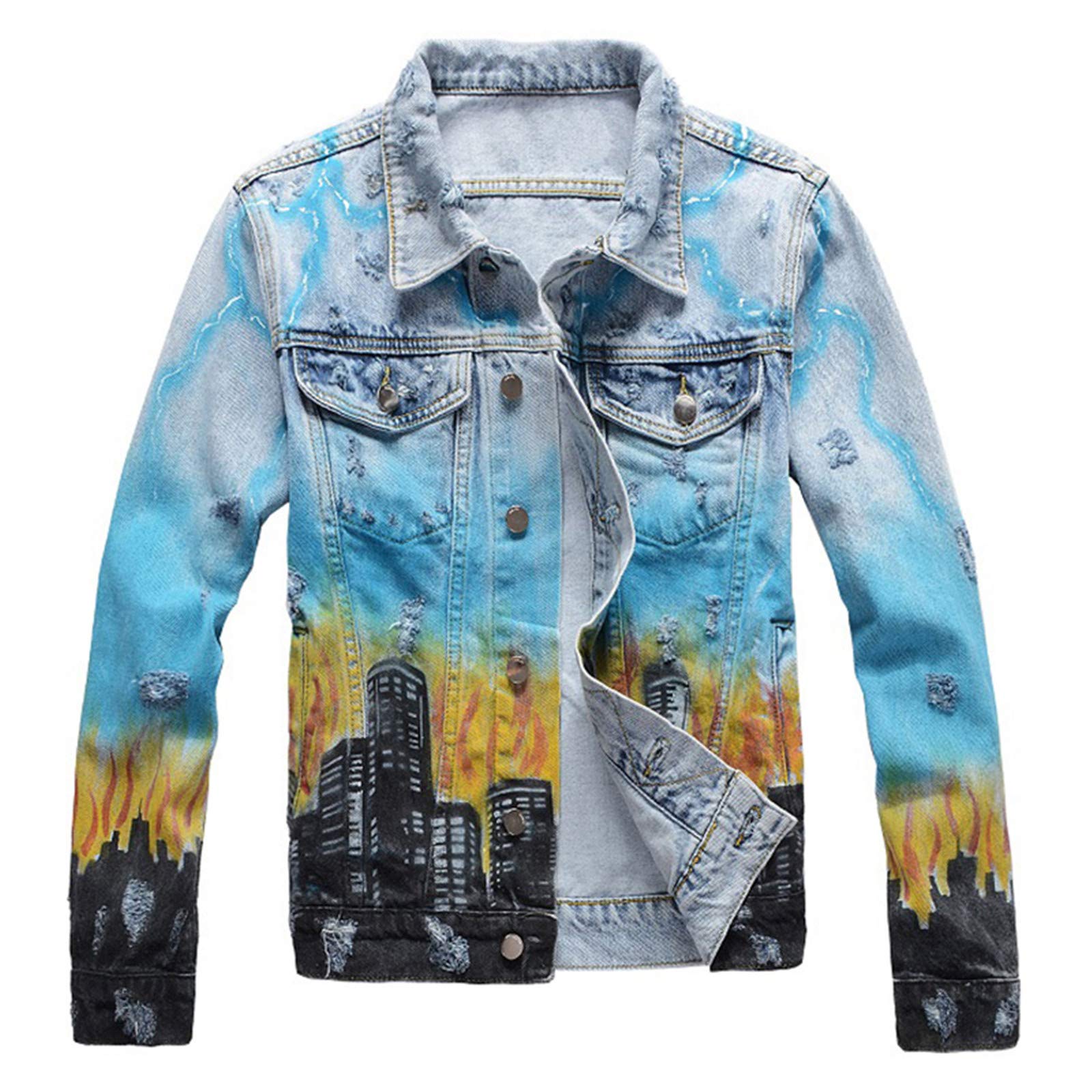 Trendy Men's Dragon Print Denim Jacket - Distressed Ripped Streetwear Coat for Casual Outfits & Urban Fashion