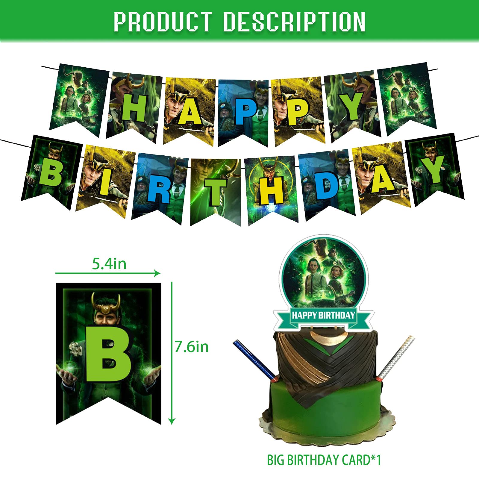 Loki Party Decorations Set - Birthday Banner, Cake Topper, Cupcake Wrappers, Balloons & Stickers for Marvel Themed Parties, Baby Showers & Superhero Celebrations