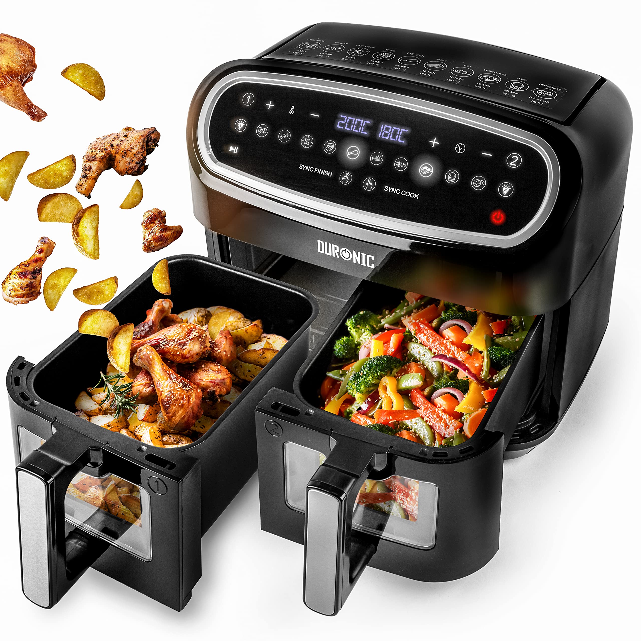 Duronic AF24 10L Dual Drawer Digital Air Fryer with Visual Window | 2-Zone Cooking | 10-in-1 Functions for Healthy Oil-Free Meals | Perfect for Family Cooking, Roasting, Baking | Dishwasher Safe Non-Stick Baskets (Black) | Ideal for Busy Households & Meal Prep