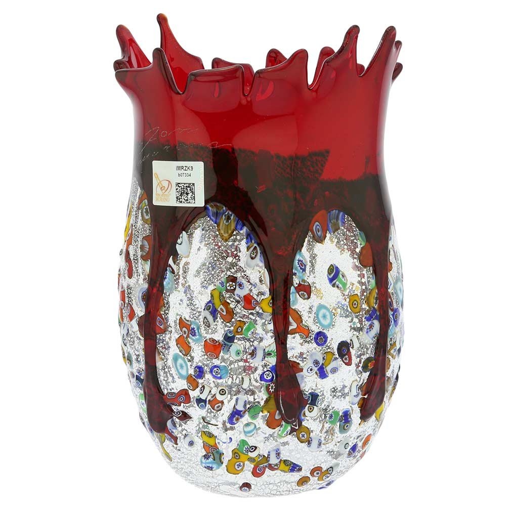 Authentic Murano Glass Millefiori Spiky Vase in Vibrant Red - Handcrafted Venetian Art Glass from Venice Italy - Perfect for Home Decor, Wedding Centerpieces & Luxury Gifts