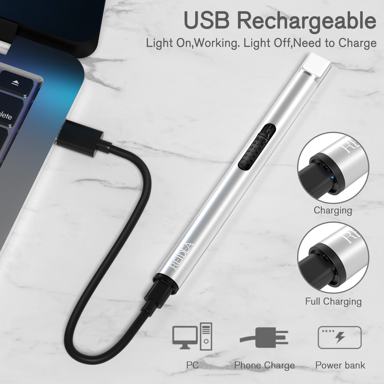 REIDEA USB Rechargeable Arc Lighter - Safe for Camping, BBQ & Fireworks (Silver)