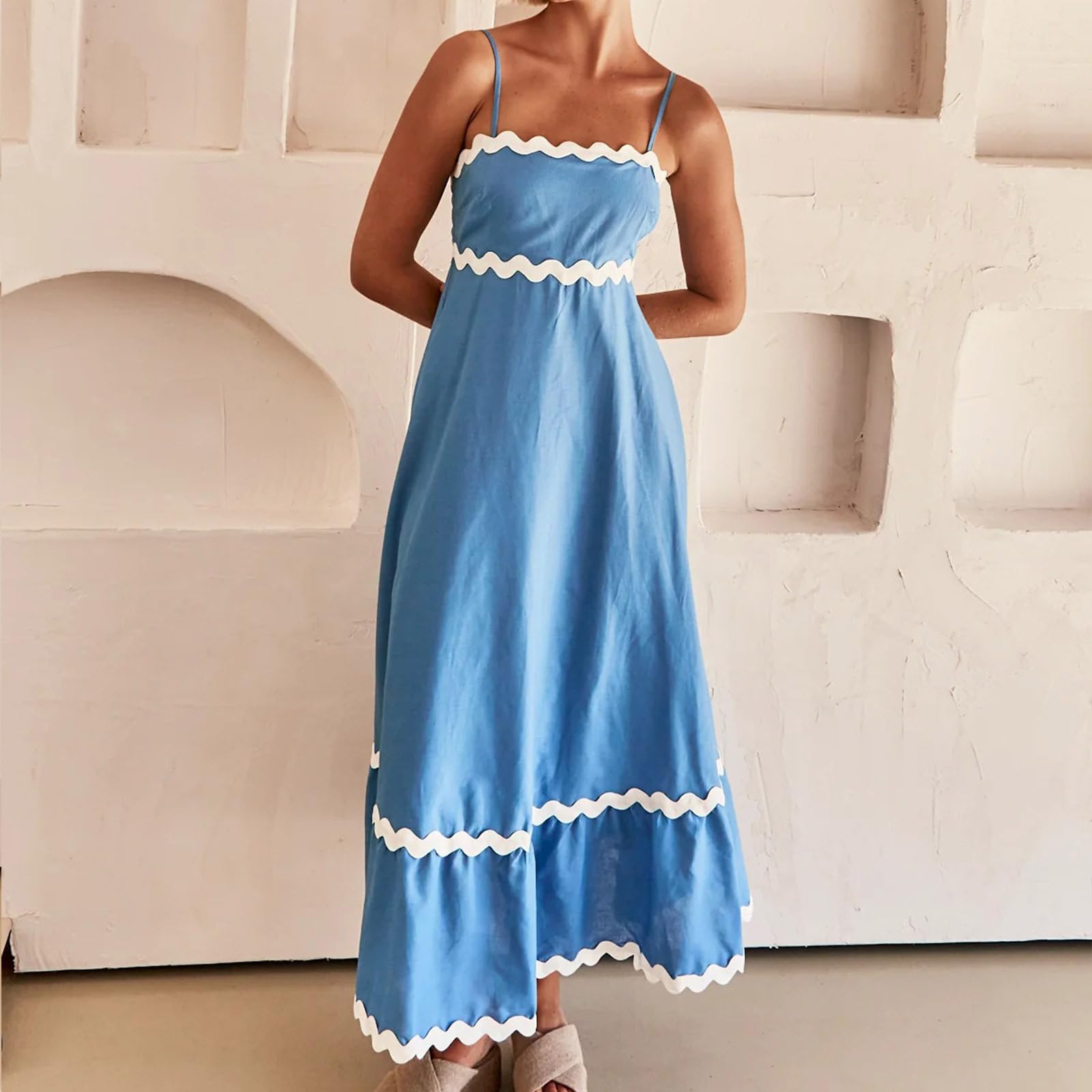 Boho Summer Sundress for Women 2024 - Trendy Spaghetti Strap Sleeveless Midi Dress with Smocked Waist & Flowy Maxi Skirt - Casual Blue RIC Rac Dress | Perfect for Beach Vacations, Music Festivals & Summer Outings