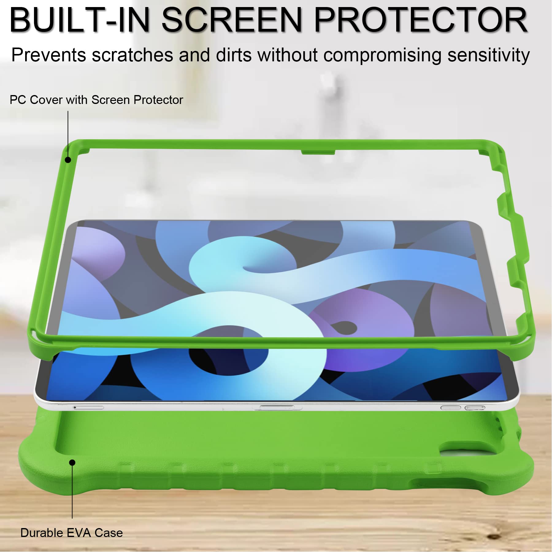 Shockproof Kids iPad Air 5th/4th Gen Case (10.9 inch 2022/2020) & iPad Pro 11 Case (2021/2020/2018) with Screen Protector & Pencil Holder - Green Protective Cover with Handle Stand for School, Travel & Home Use