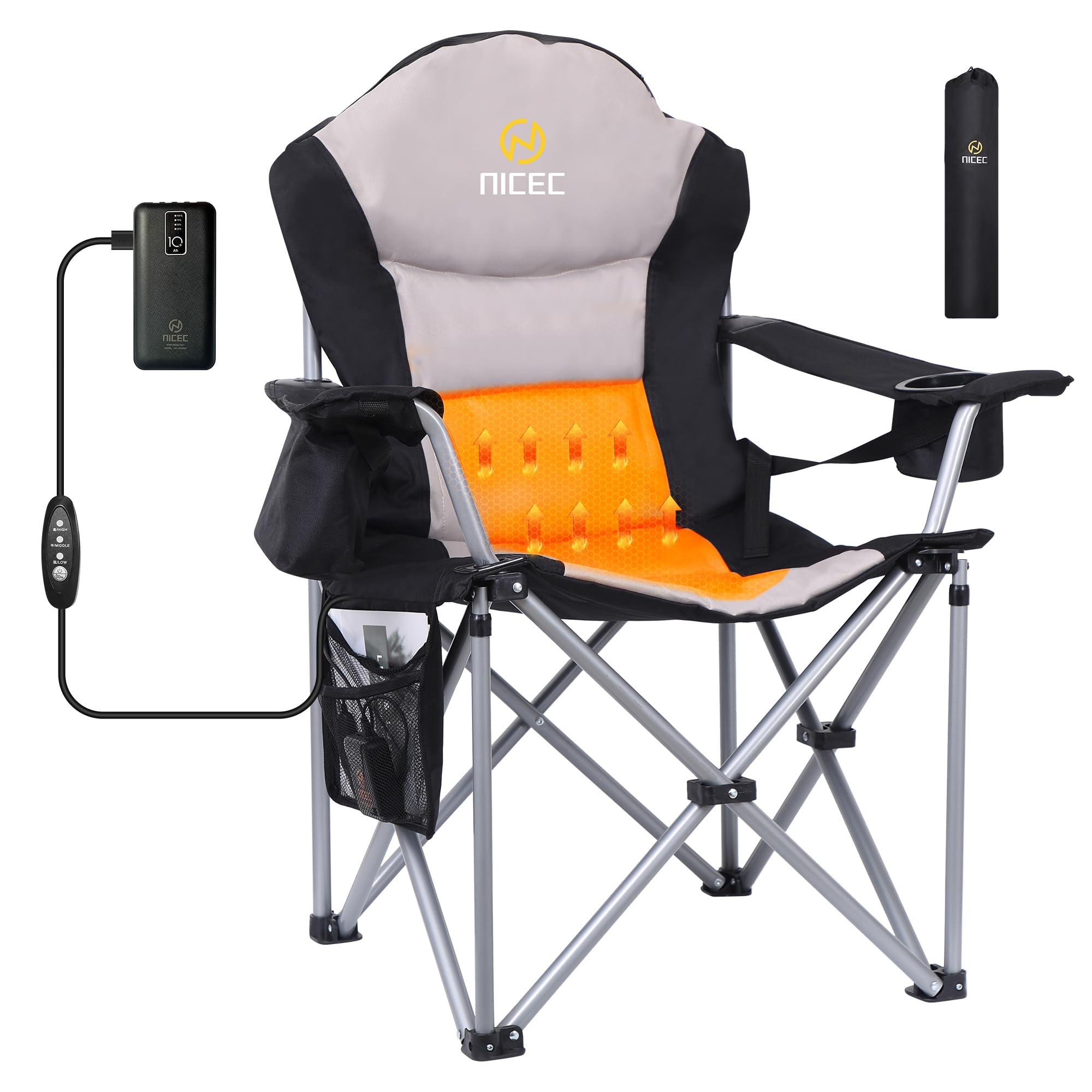Premium Outdoor Heated Chair - Portable Electric Camping Chair with 10000mAh Power Bank, Wide Thick Padding, Heavy Duty Cooler, Carry Bag & Side Pockets - Perfect for Beach, Backyard, Fishing & Winter Camping (1 Pack)