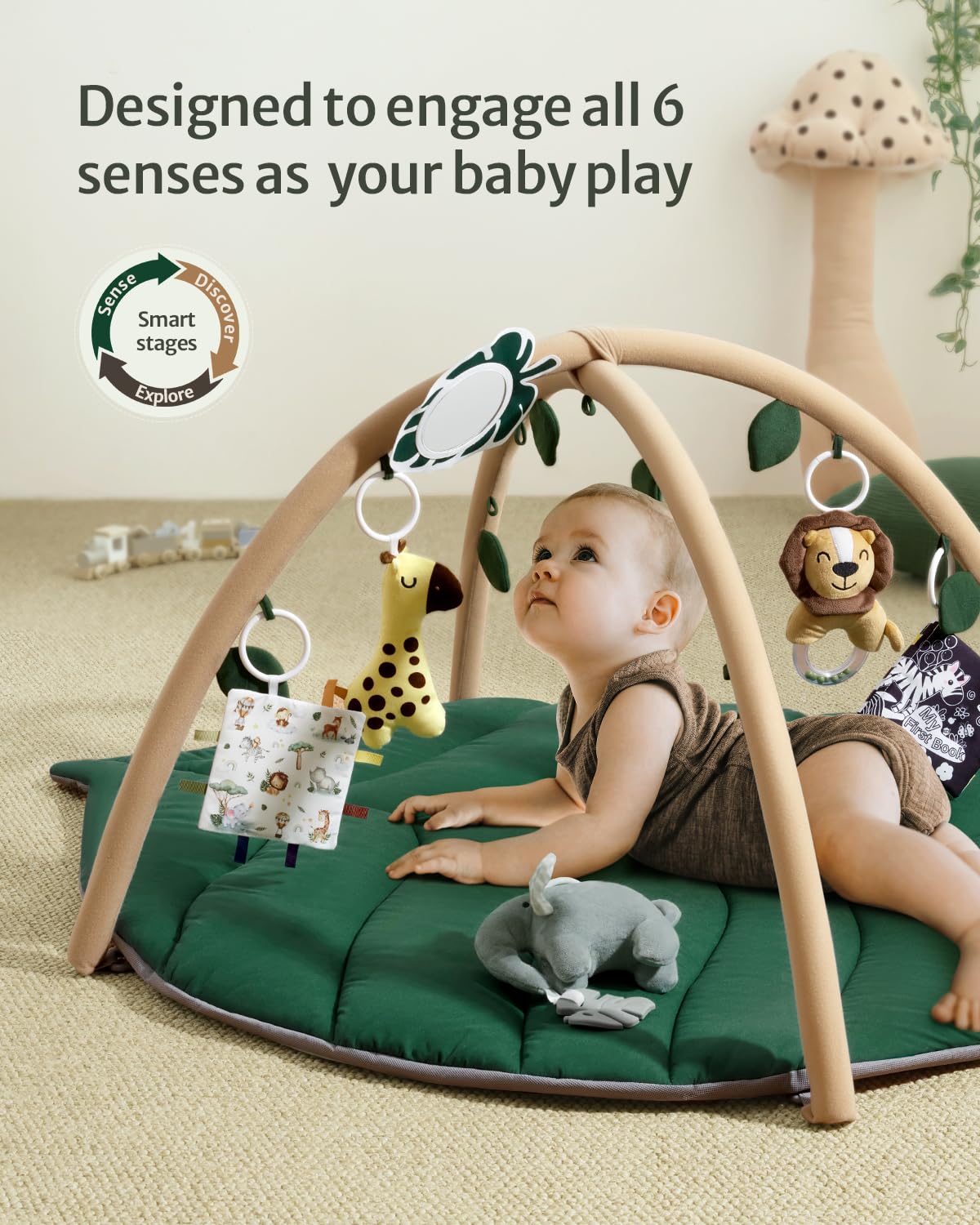 Blissful Diary Baby Play Gym & Activity Mat - Oversized Leaf Shaped Tummy Time Mat with 6 Detachable Toys for Motor Skills & Sensory Development | Newborn Infant Essentials Gift (Forest Green) | Perfect for Nursery, Playtime & Early Learning Activities