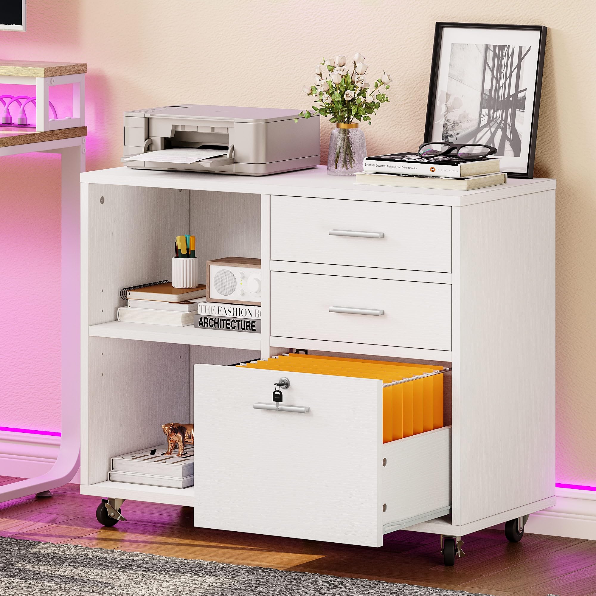 YITAHOME 3-Drawer Wood File Cabinet - Mobile Lateral Storage Cabinet with Lock, Printer Stand for Home Office Organization, White Office Furniture | Perfect for Document Storage & Workspace Organization