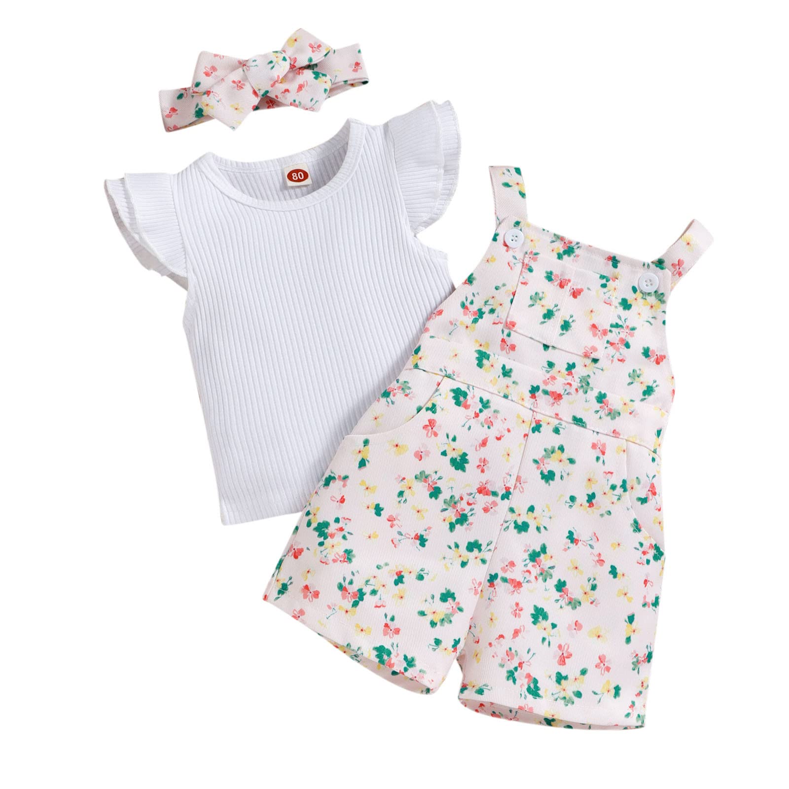 Baby Girls' Ribbed Fly Sleeve T-Shirt & Floral Print Suspenders Shorts Outfit Set with Headband - Cute Toddler Summer Clothes for Playdates, Parties & Photo Shoots