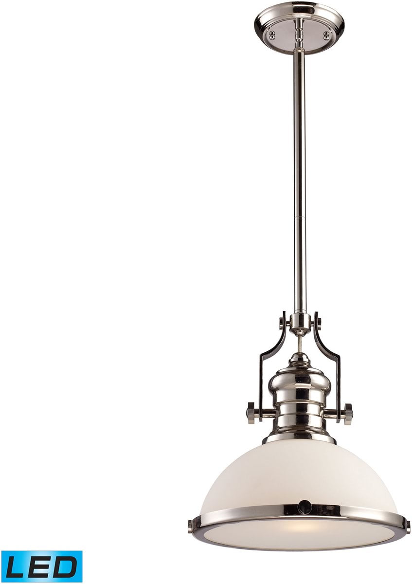 13W Chadwick 1 Light LED Pendant Light Fixture - Polished Nickel Finish with White Glass Shade - Perfect for Kitchen Island, Dining Room, or Entryway Lighting