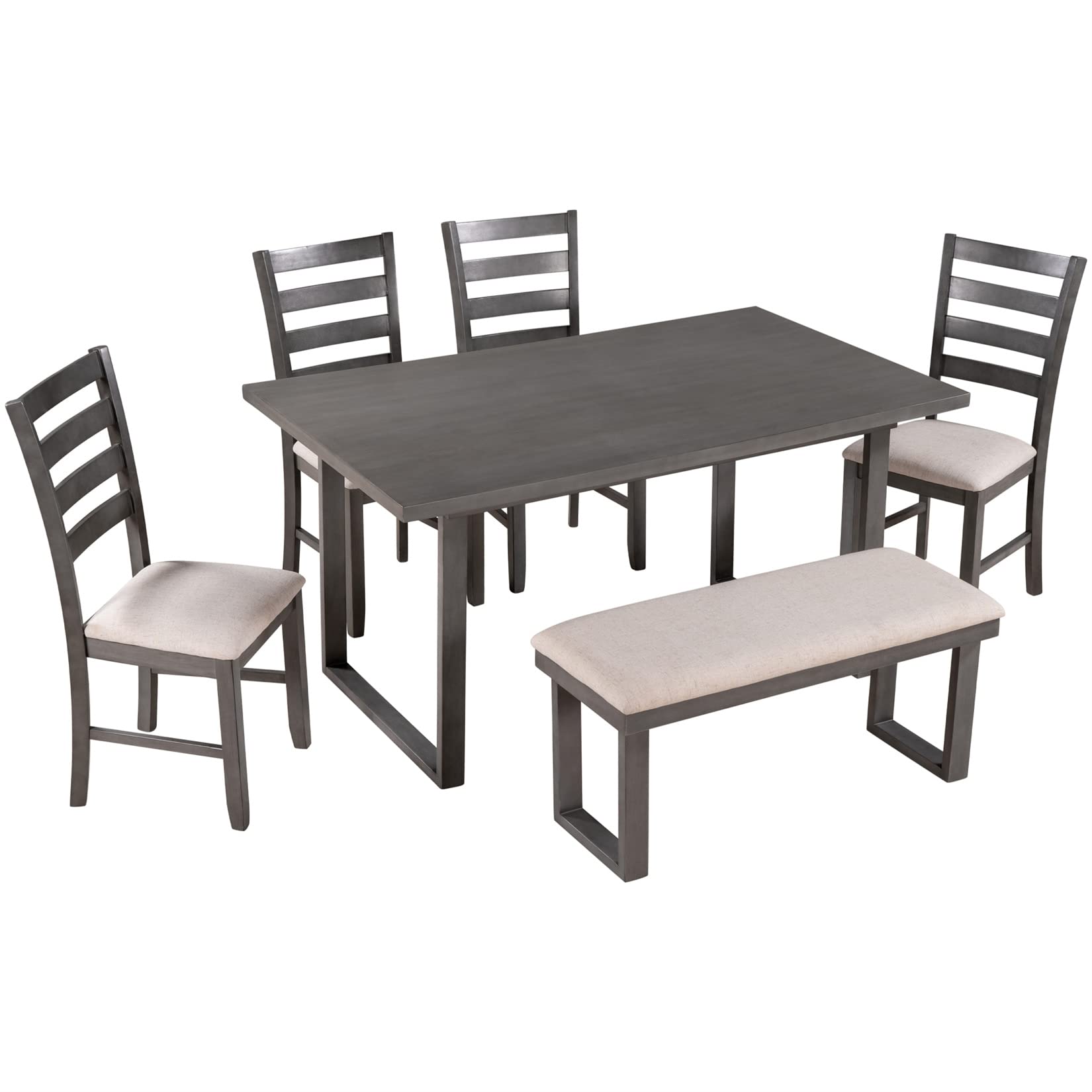 6-Piece Wooden Dining Table Set with 4 Chairs & 1 Cushioned Bench - Rustic Gray Kitchen Table for 6 - Perfect for Family Meals, Entertaining Guests & Small Space Dining Rooms