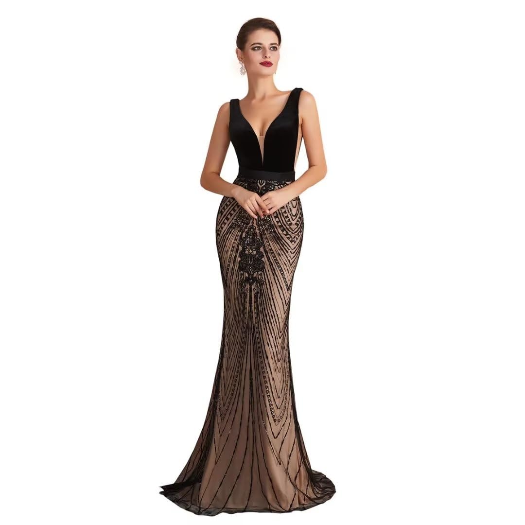 Elegant Women's Velvet Sequin V-Neck Mermaid Prom Dress - Sleeveless Evening Gown for Party, Wedding & Special Occasions