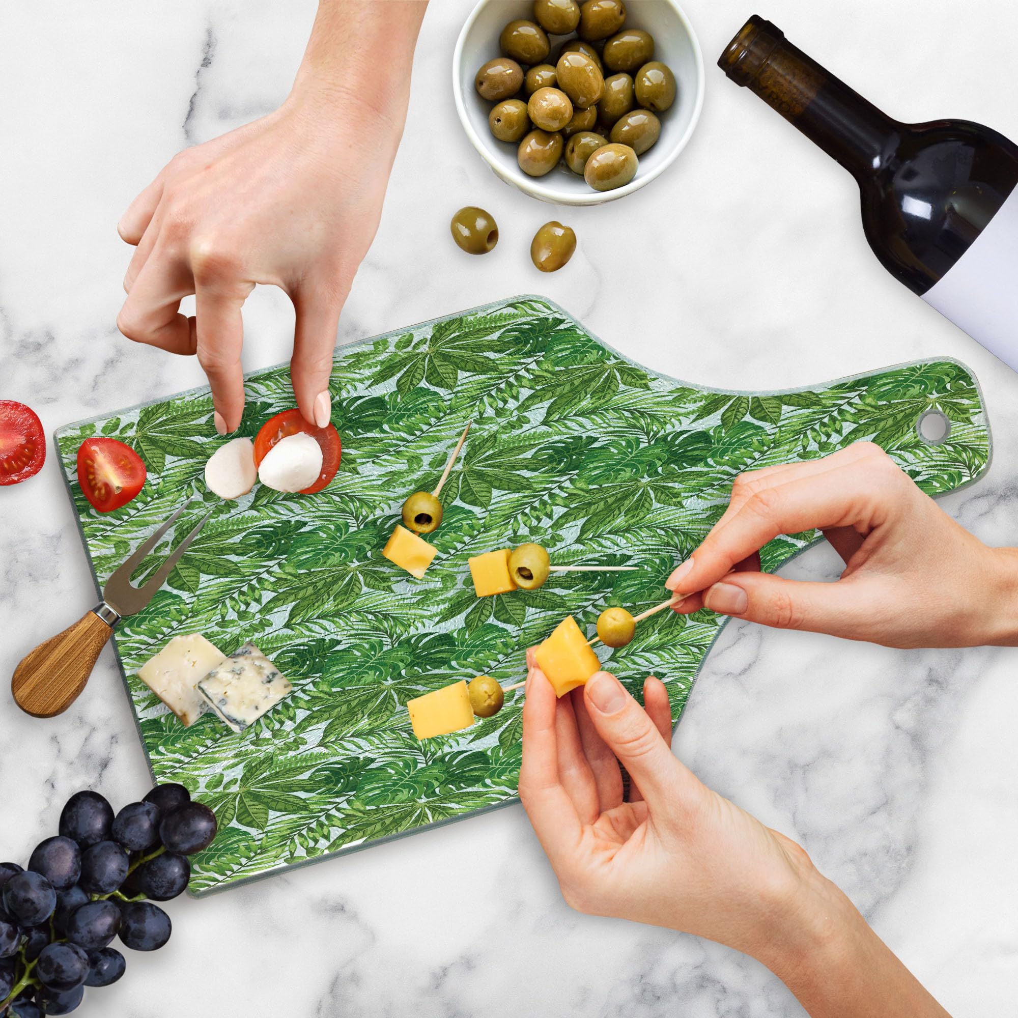 Ambesonne Palm Leaf Tempered Glass Cutting Board - Jungle Foliage Design, Madagascar Aloha Botanical Forest Plant Pattern - Decorative Serving Board for Kitchen, Dining & Entertaining - Wine Bottle Shape in Green, Olive Green & White - Perfect for Cheese Platters, Charcuterie Boards & Wine Pairings