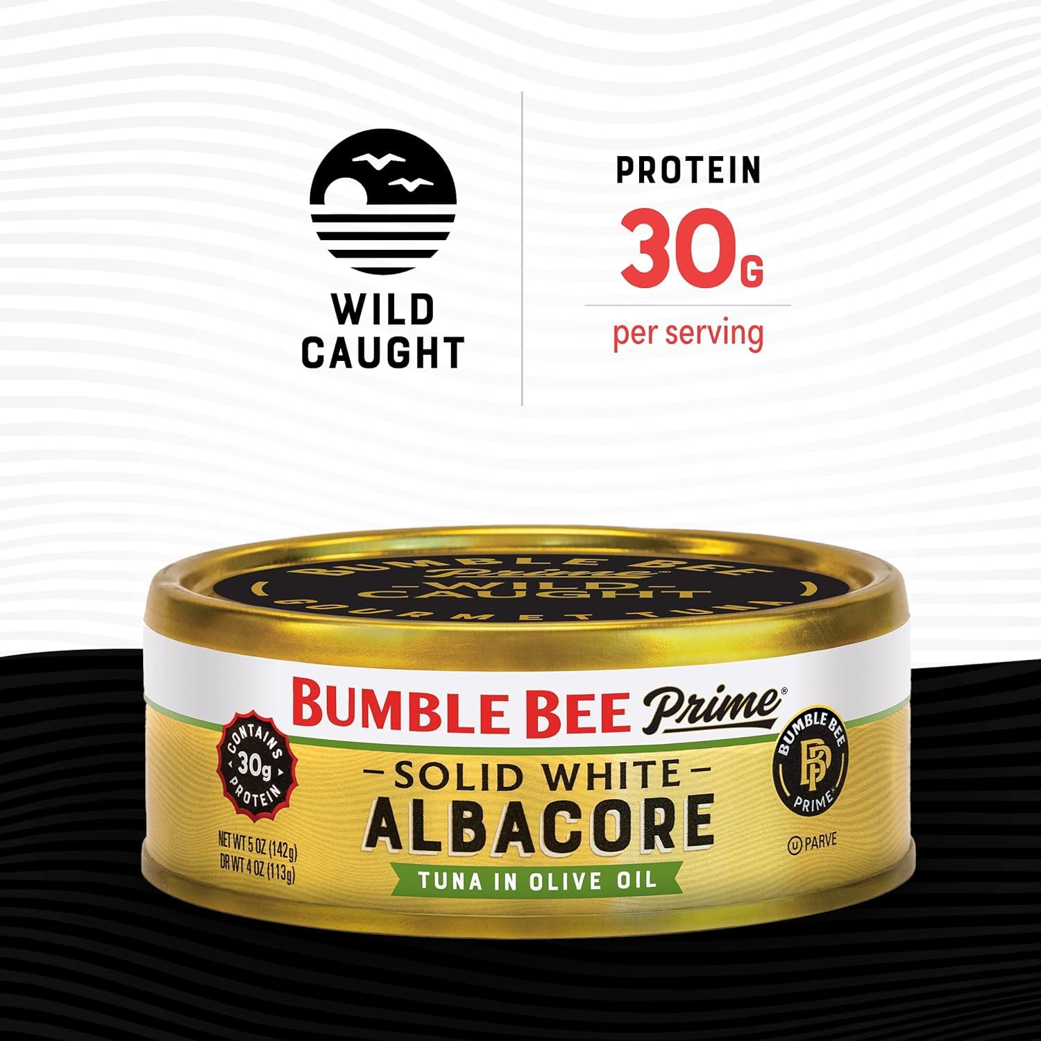 Premium Wild Caught Bumble Bee Prime Solid White Albacore Tuna in Olive Oil - 5 oz Can, 30g Protein per Serving, Non-GMO, Gluten Free, Kosher - Perfect for Salads, Sandwiches & Keto Meals