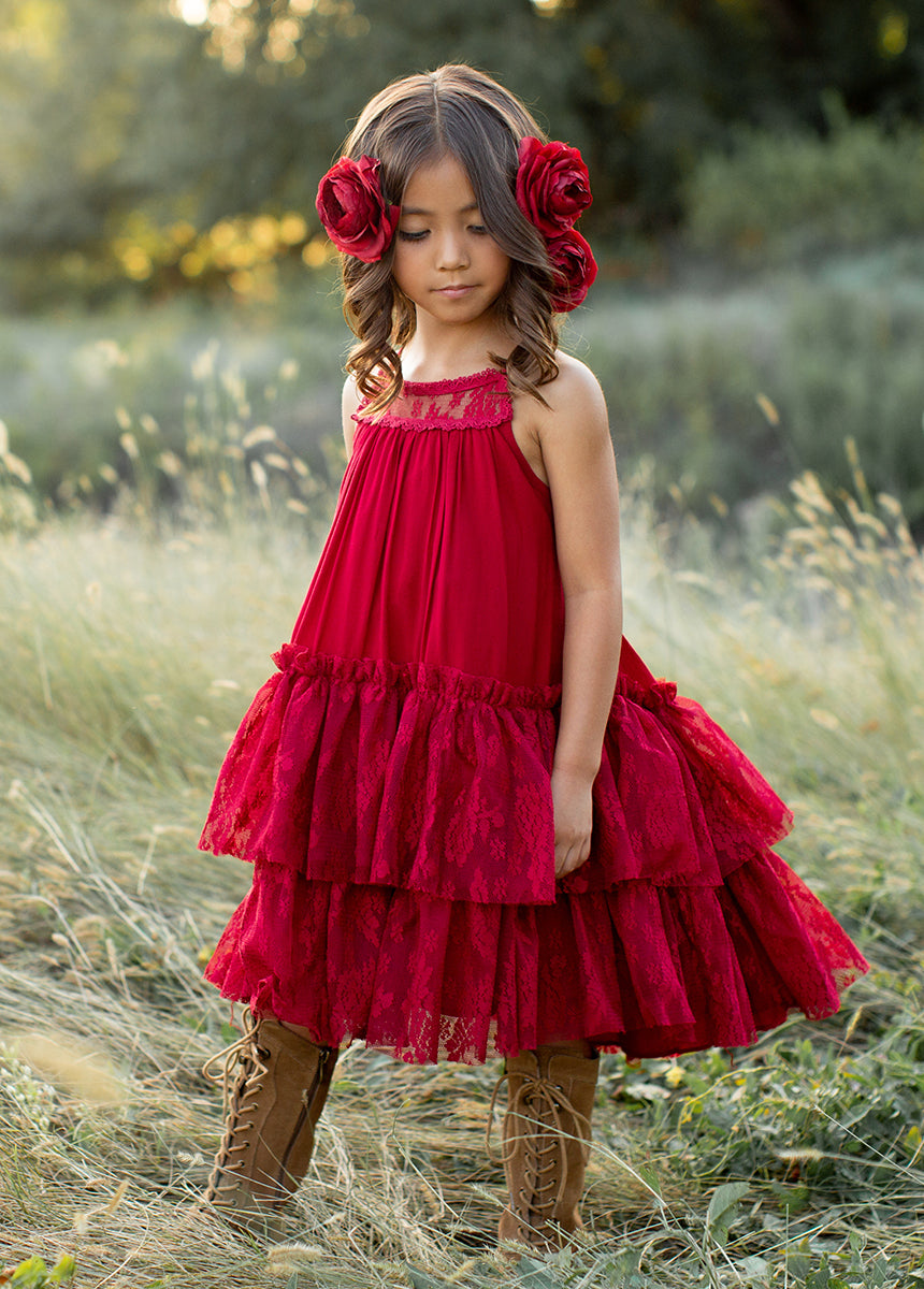 Elegant Catrina Dress in Crimson Red - Perfect for Daytime Outfits, Parties & Special Occasions