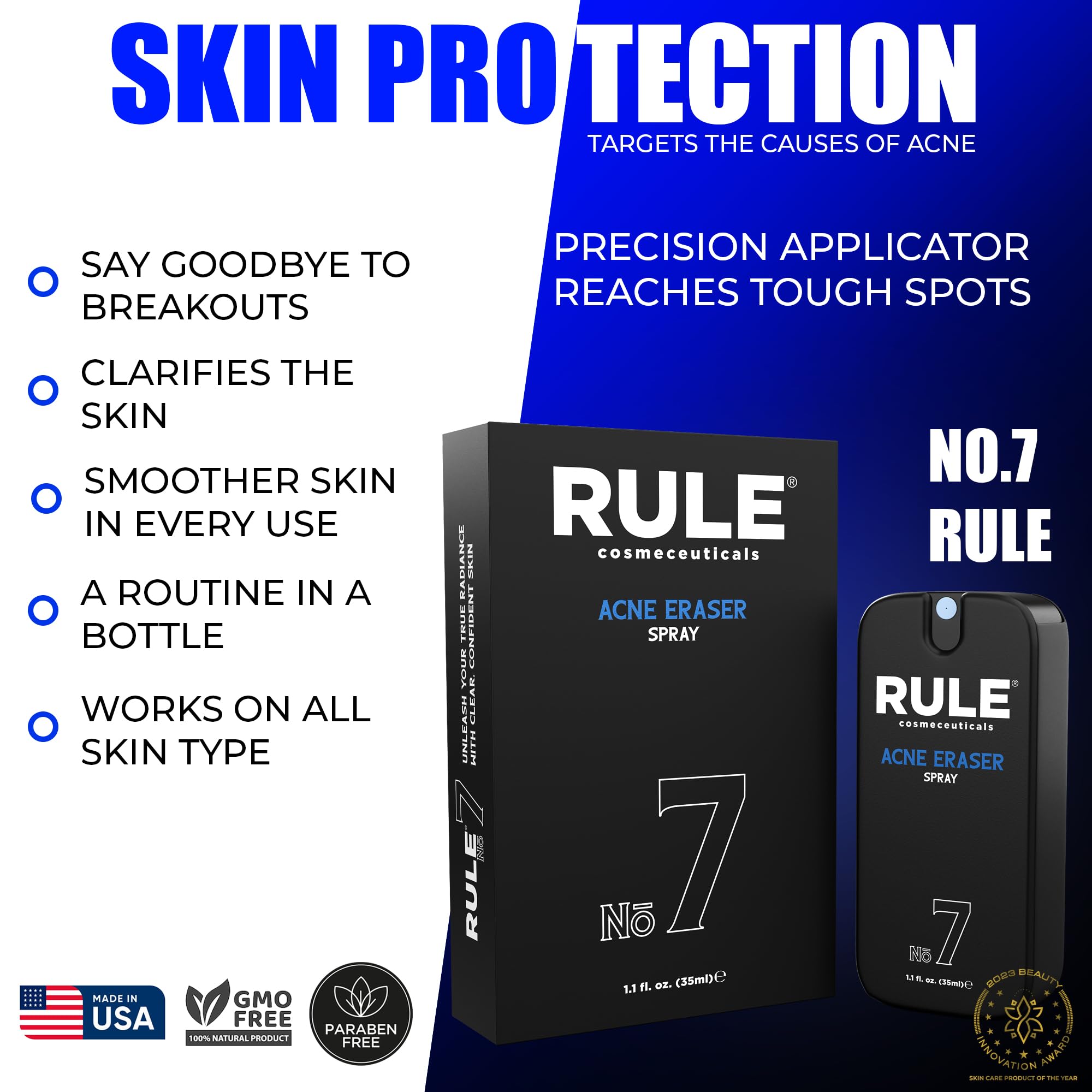 RULE Acne Eraser Spray for Men & Women - Prevent & Treat Breakouts, Clear Skin All Year - 1.1 fl oz | Face Treatment for Oily & Acne-Prone Skin | Daily Skincare Routine & On-The-Go Use