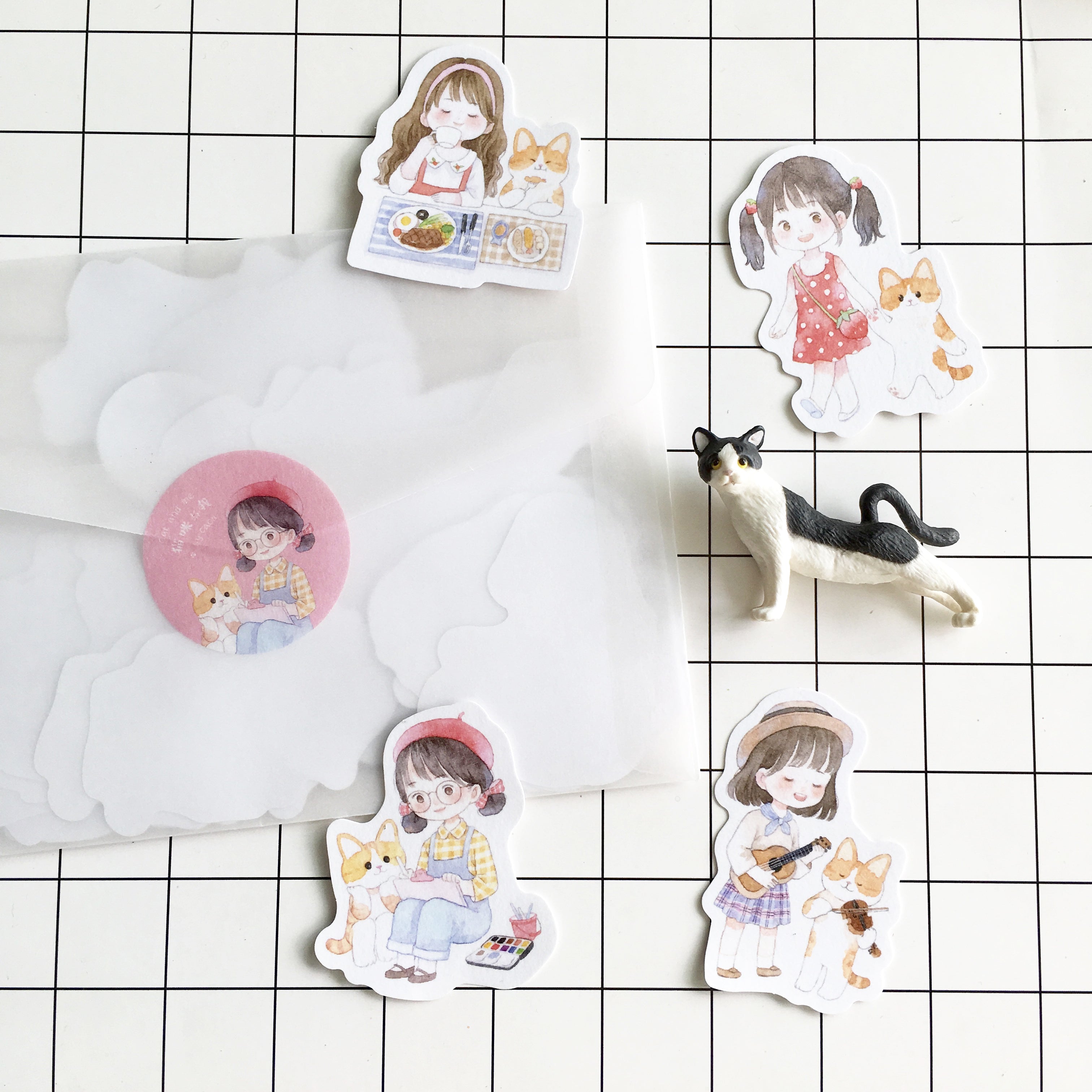 Cat & Me Girl Flake Sticker Pack - 20pcs Cute Cat Stickers for Scrapbooking, Journaling, and DIY Crafts - Perfect for Planners, Laptops, and Water Bottles