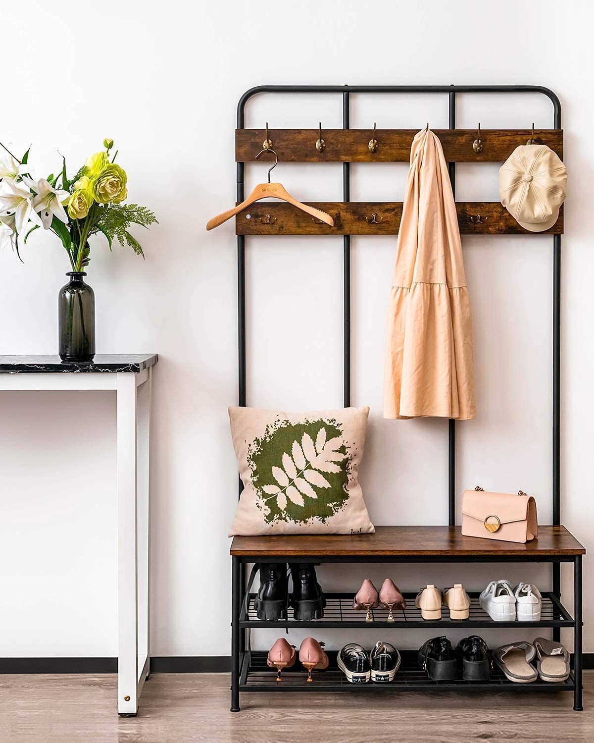 QCen 72 Inch Industrial Hall Tree Entryway Bench with Coat Rack & Shoe Storage - Wood Look Accent Furniture with 12 Hooks & Metal Frame - Perfect for Mudroom, Foyer & Small Space Organization