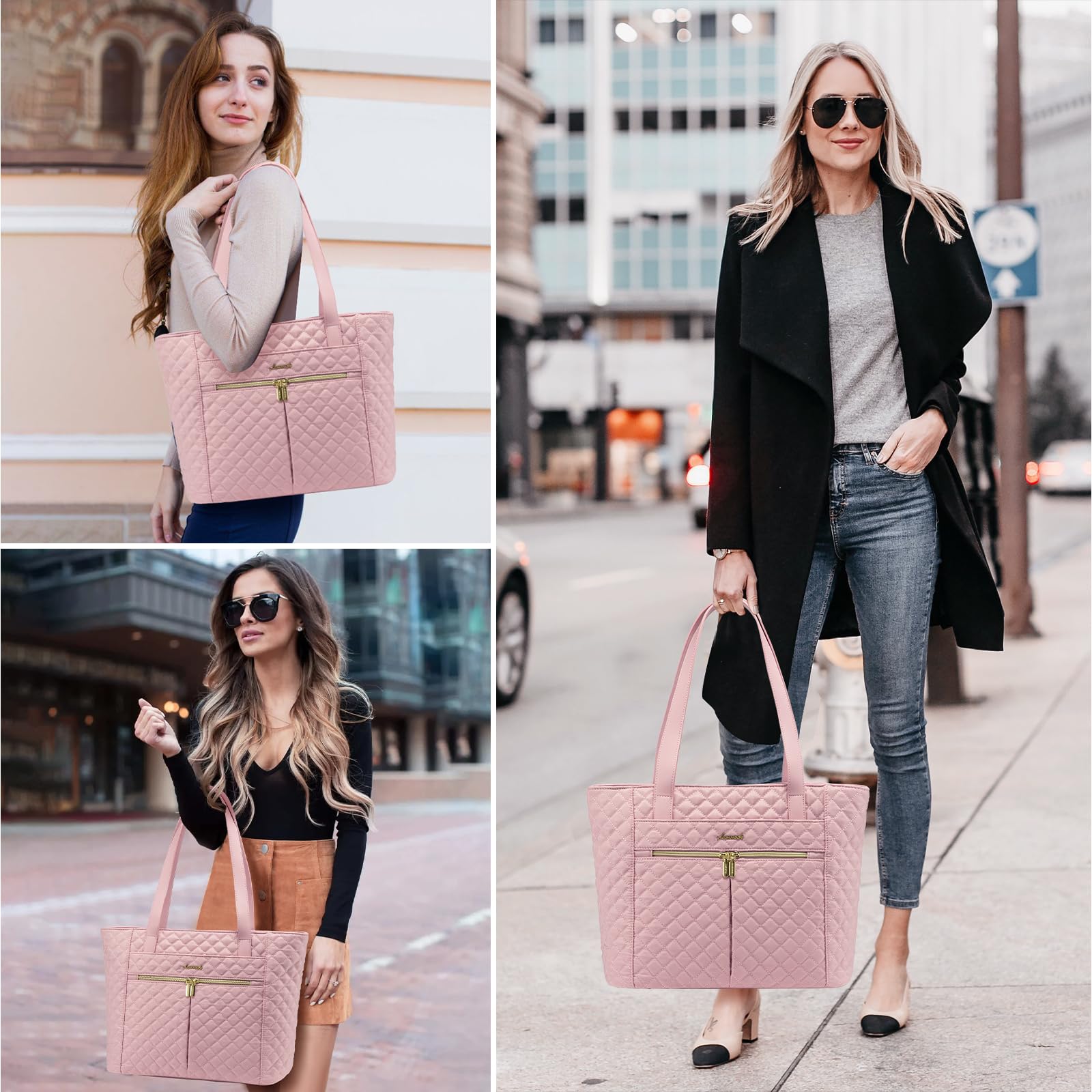 LOVEVOOK 17 Inch Diamond Quilted Laptop Tote Bag for Women - Stylish Work & Travel Computer Shoulder Bag, Briefcase Handbag with Clutch Purse (Pink) - Perfect for Office, Business Meetings & Daily Commute