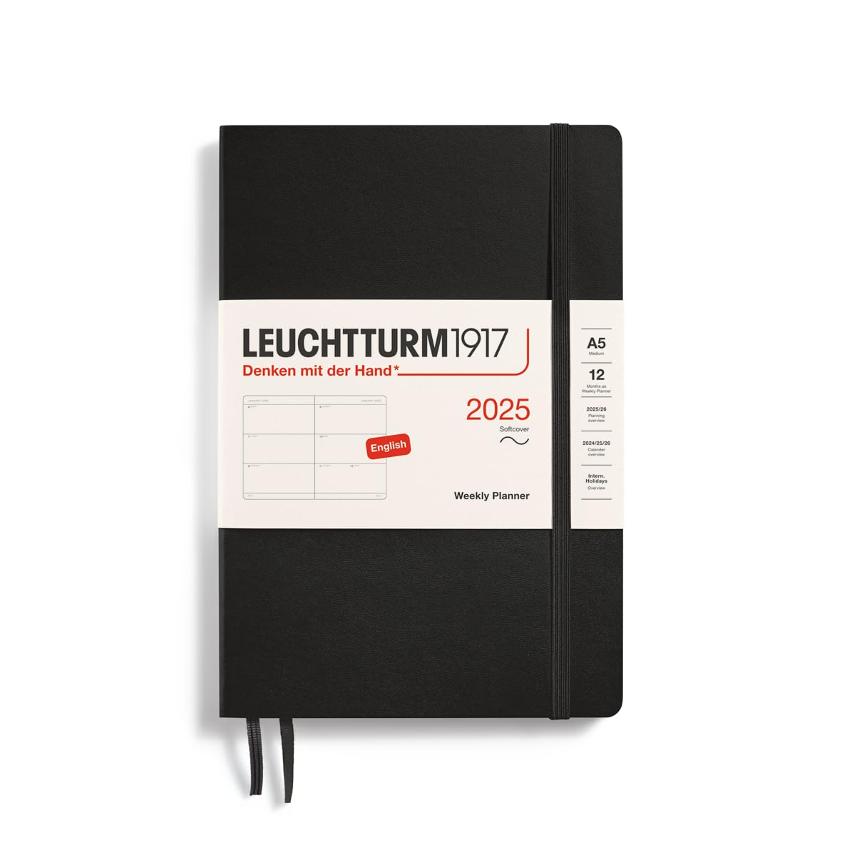 LEUCHTTURM1917 2025 Weekly Planner - A5 Size Softcover Notebook, Black, January to December 2025 Calendar - Perfect for Work, School & Personal Organization