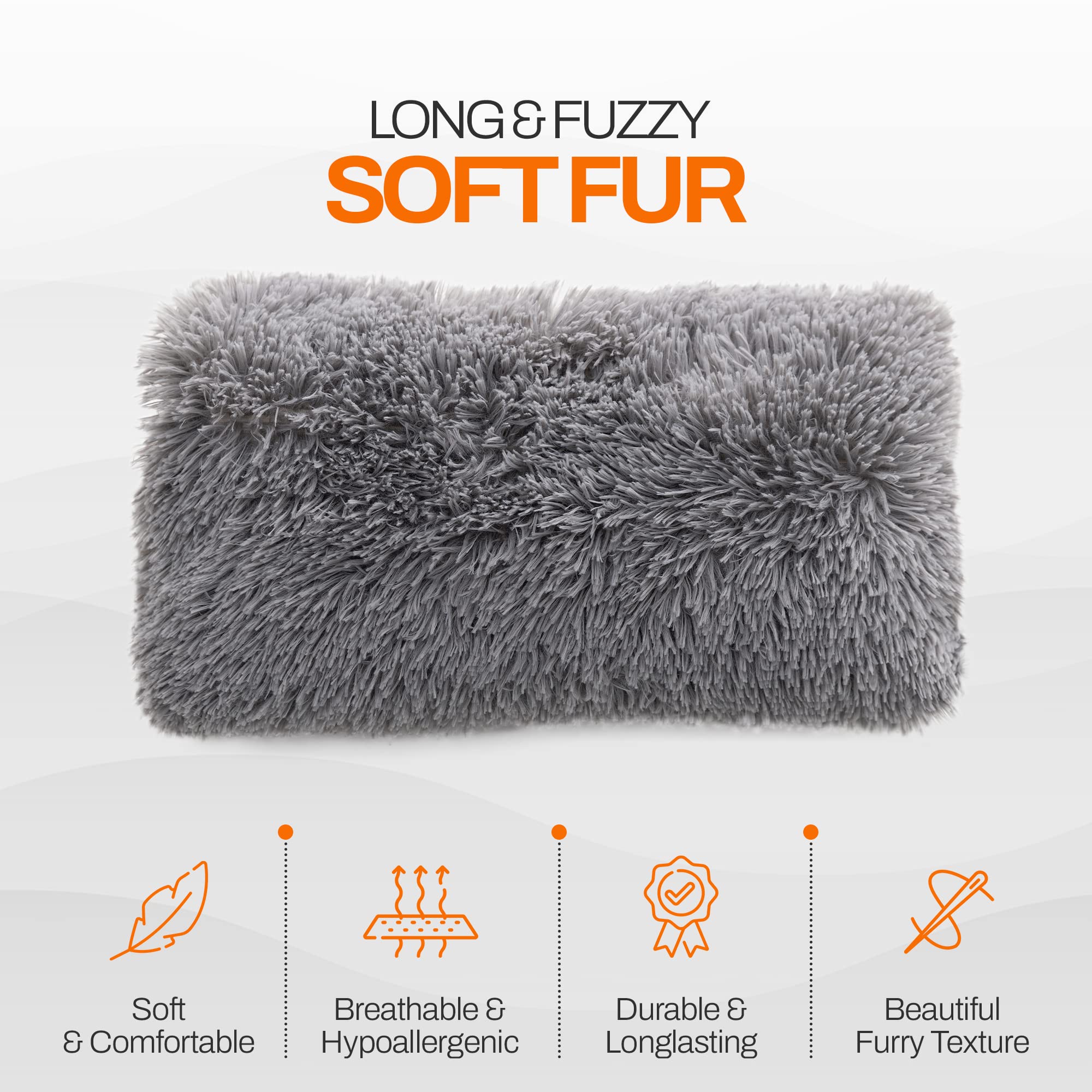 Soft Shaggy Throw Pillows for Couch & Bed - Set of 2 (12x20 Inches) with Inserts - Cozy Long Hair Faux Fur Decorative Pillows in Silver Gray - Perfect for Living Room, Bedroom & Home Decor