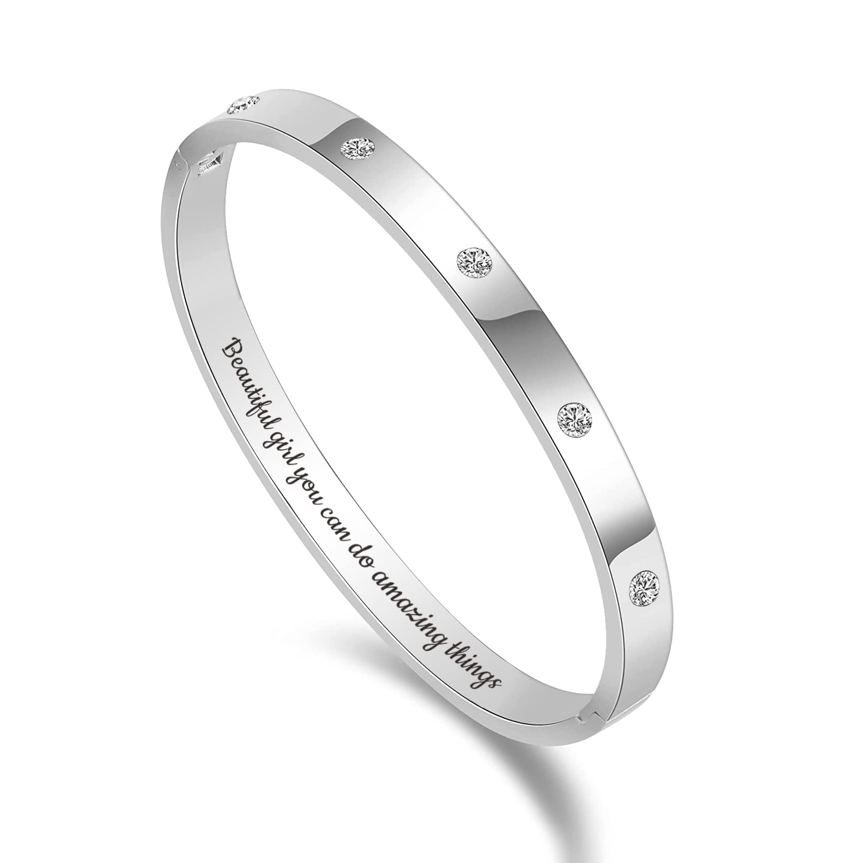 Inspirational Silver Bangle Bracelet for Women - Stainless Steel Non-Tarnish Oval Bracelet with Cubic Zirconia Stones | Motivational Gift for Her, Birthday Present for Women & Teen Girls | Perfect for Daily Wear, Special Occasions & Gift Giving