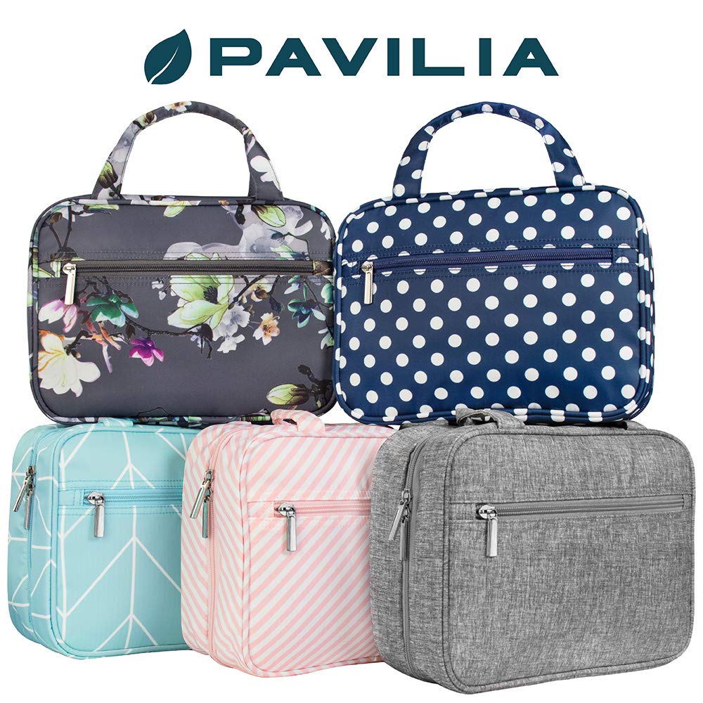 PAVILIA Hanging Travel Toiletry Bag for Women & Men - Foldable Water-Resistant Cosmetic Organizer, Roll-Up Makeup Bag with Large Capacity - Perfect for Camping, Gym, Business Trips & Vacation Essentials (Teal Chevron)