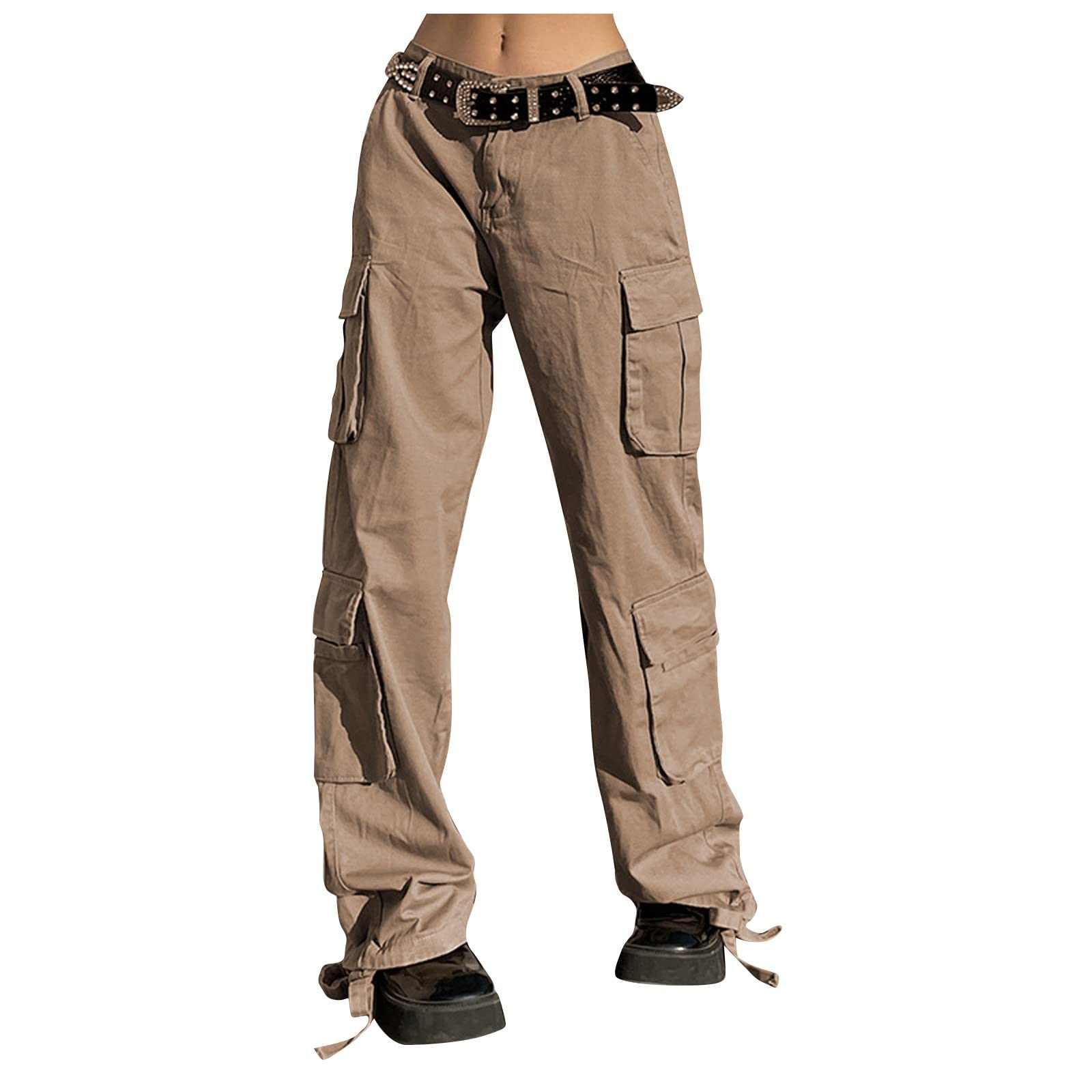 **Hopolsy Women's Casual Cargo Pants - Elastic Waist, Drawstring, Side Pockets, Straight Leg Cut-Out Design | Perfect for Hiking, Travel & Streetwear Fashion**