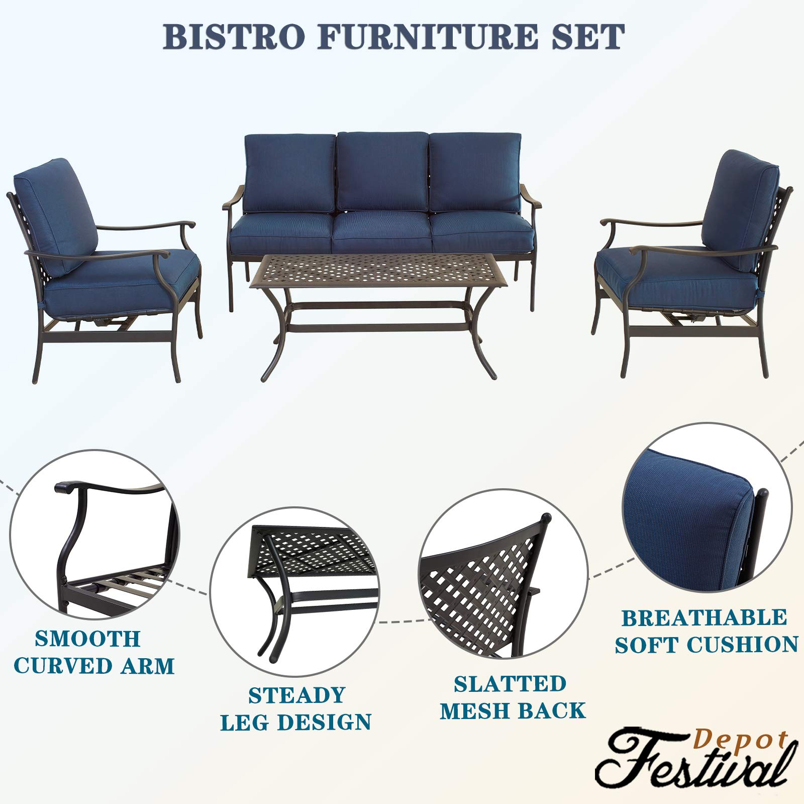 4-Piece Patio Conversation Set with Metal Armchairs, 3-Seater Sofa & Coffee Table - Outdoor Furniture for Deck, Garden, Backyard (Blue) | Perfect for Relaxing, Entertaining & Outdoor Dining