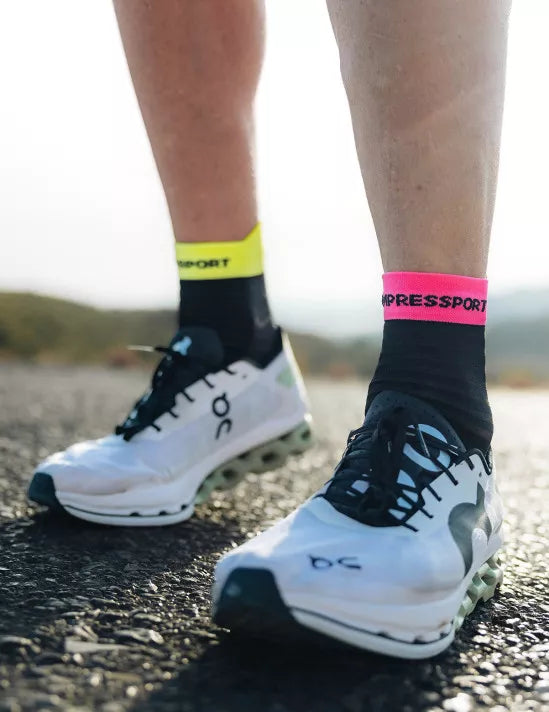 Compressport Unisex Pro Racing Socks v4.0 - Ultralight Running Socks for Men & Women - High Performance Athletic Socks for Marathon, Triathlon & Training - Black/Safe Yellow/Neo Pink