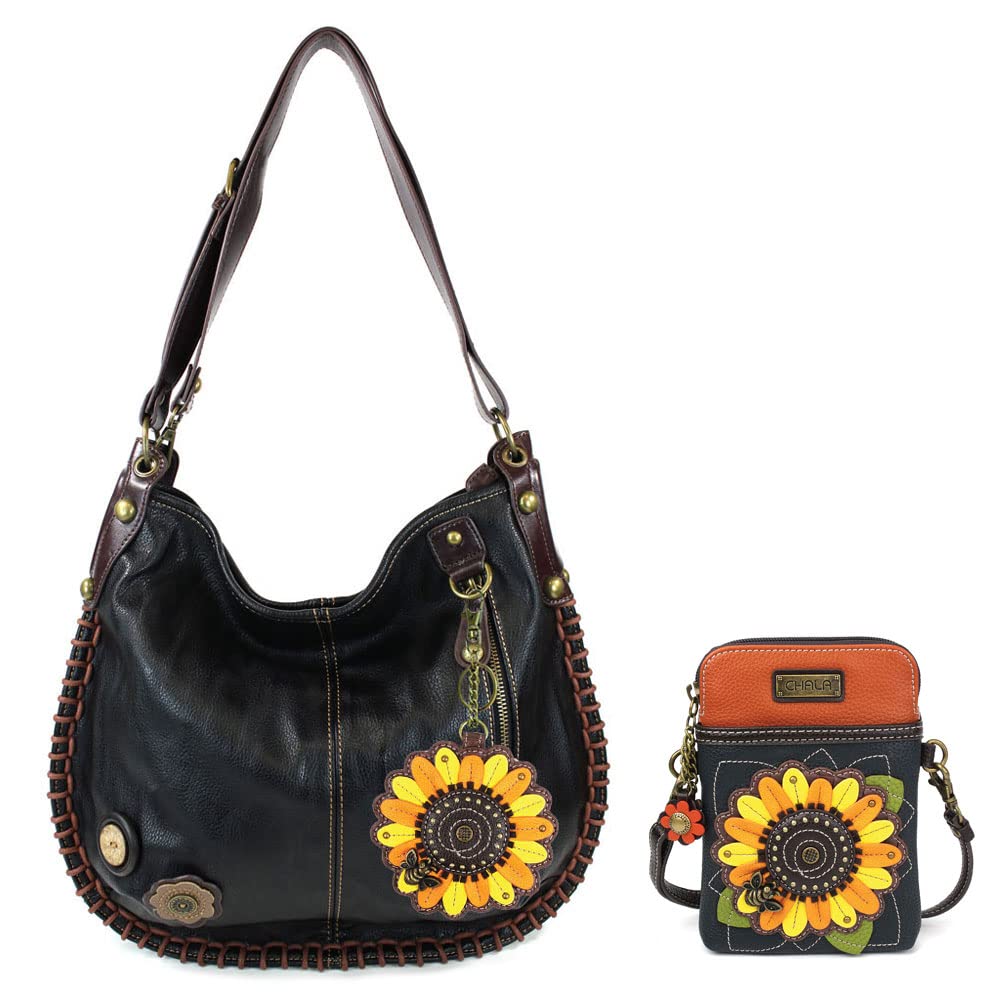 CHALA Hobo Style Large Shoulder Bag & Zip Wallet Combo Set - Black Sunflower & Dazzled Crossbody Purse for Women | Perfect for Work, Travel & Everyday Use