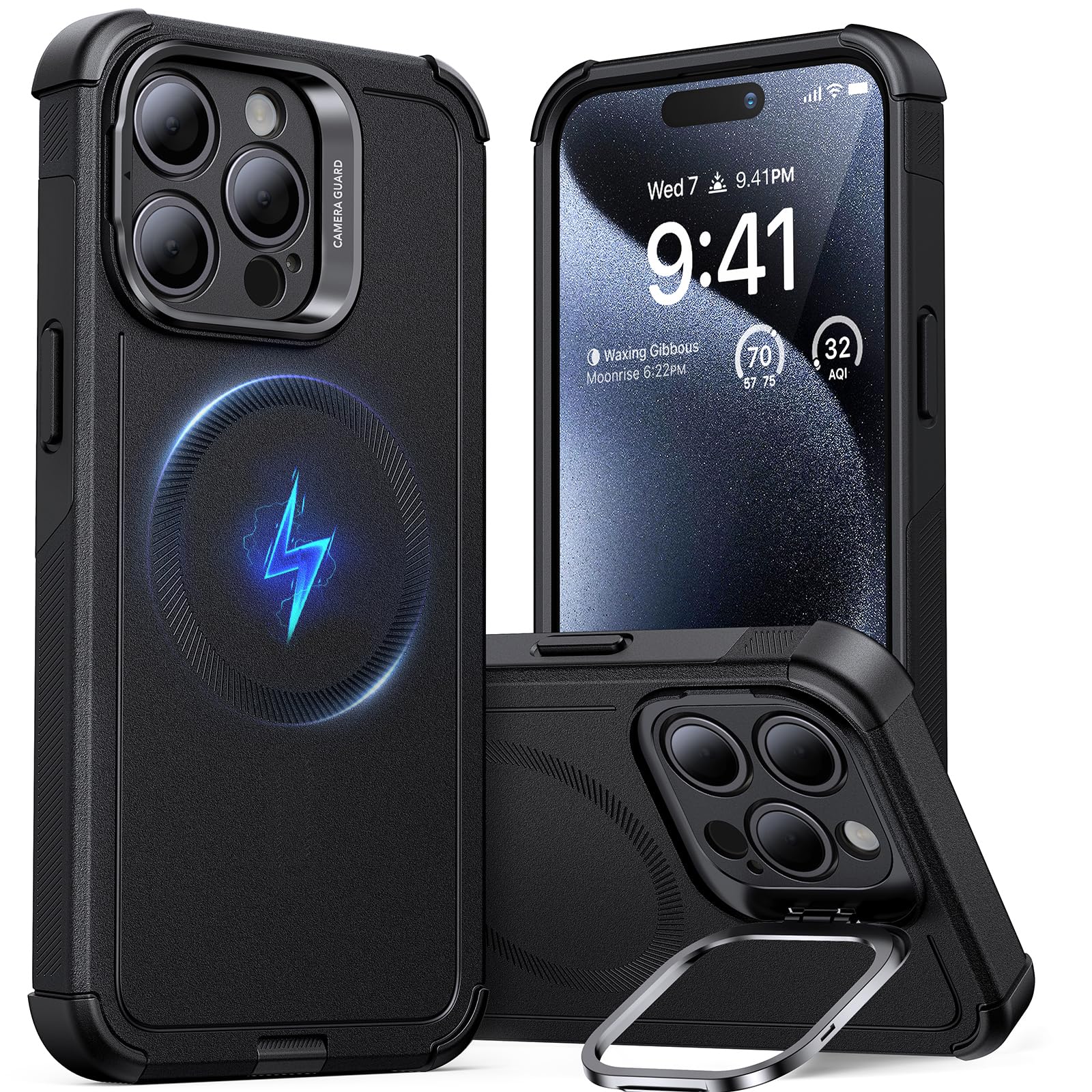 ESR for iPhone 15 Pro Max Case with Stand - Military-Grade Drop Protection (23 ft), Heavy Duty Magnetic Phone Cover Compatible with MagSafe Accessories | Cyber Series in Black | Perfect for Work, Travel & Outdoor Activities