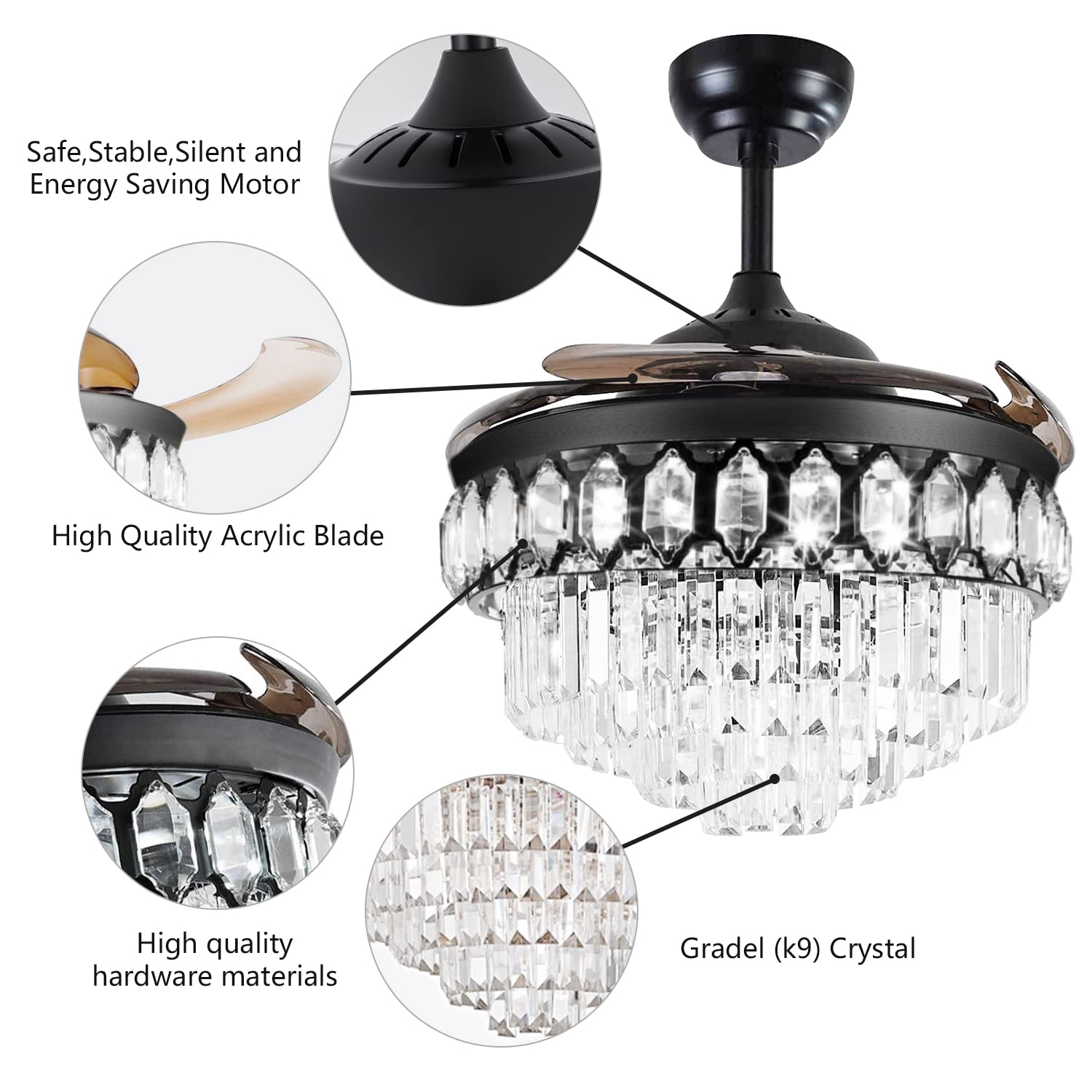 RuiWing 42 Inch Crystal Ceiling Fan with Light, Retractable Blades, Remote Control, 3 Speed & Dimmable LED Chandelier - Perfect for Bedroom, Living Room, Dining Room & Home Decor