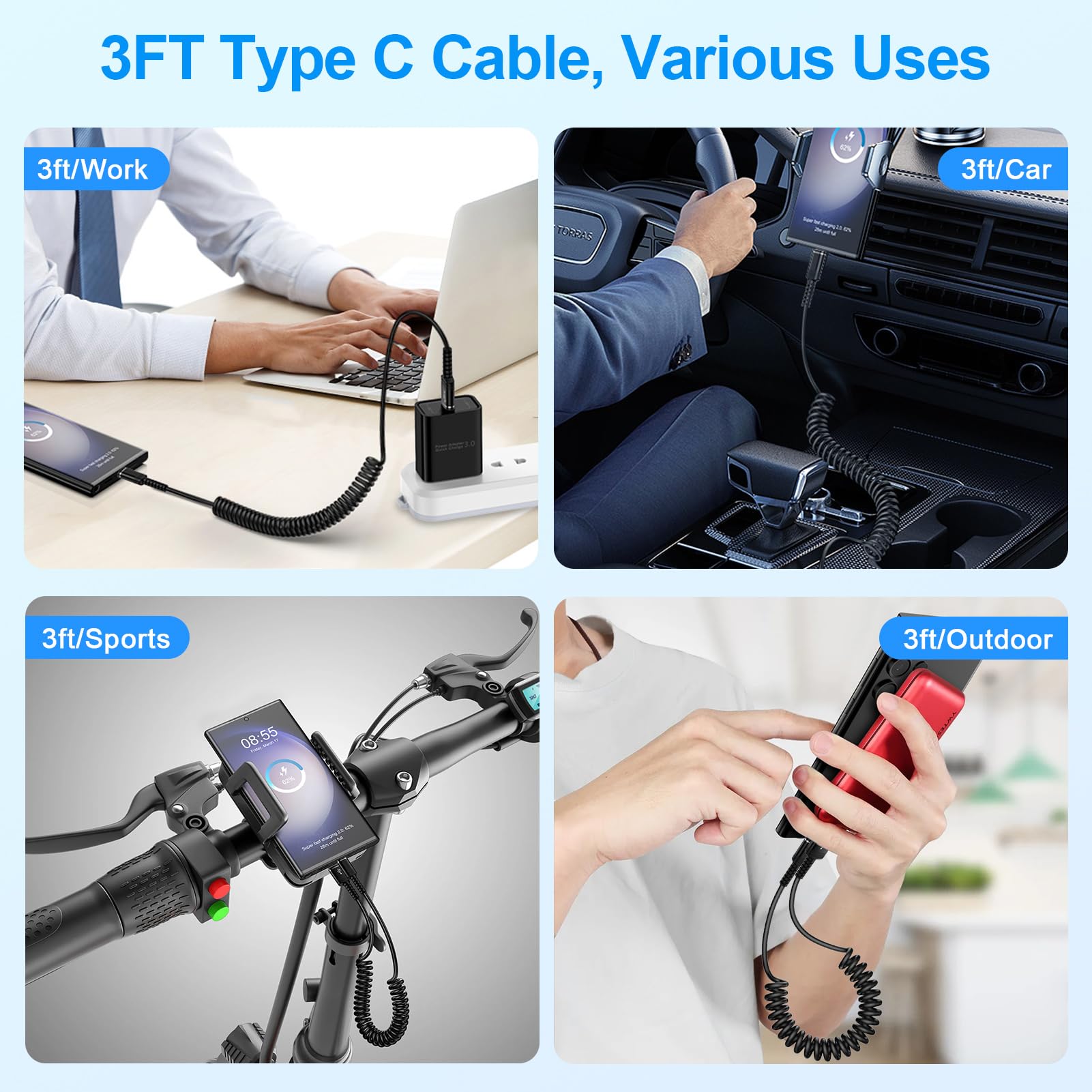 3ft Retractable USB C to USB A Fast Charging Cable - Coiled Car Charger for iPhone 16 Pro Max/16 Plus/16 Pro/16 & 15 Series, Samsung Galaxy S24/A15/A35 - Android Auto & CarPlay Compatible (Perfect for Road Trips & Daily Commute)