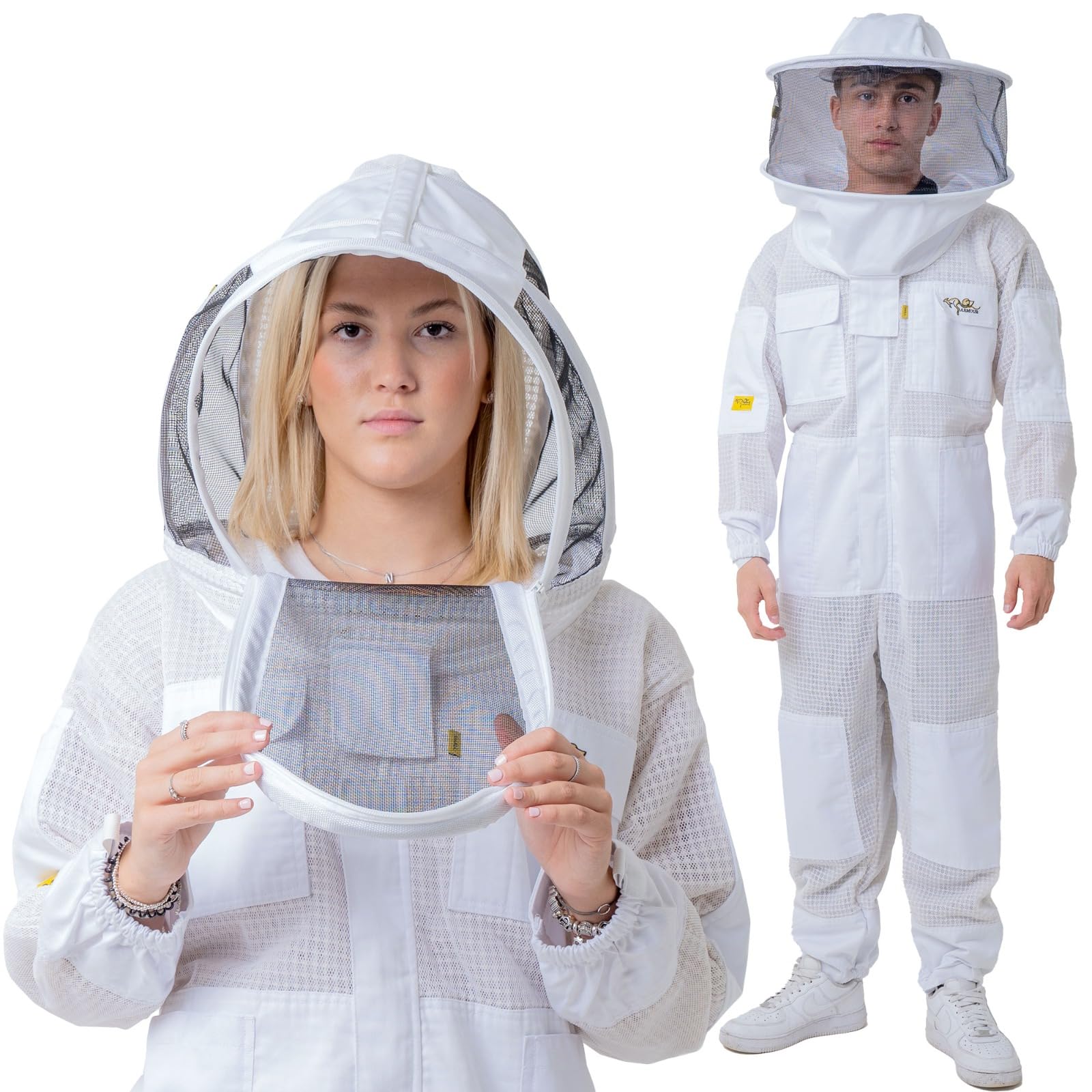 3-Layer Mesh Ventilated Beekeeping Suit with Fencing Hood & Round Brim Hat - Medium Size Beekeeper Protective Gear for Safe Honey Harvesting and Hive Inspection
