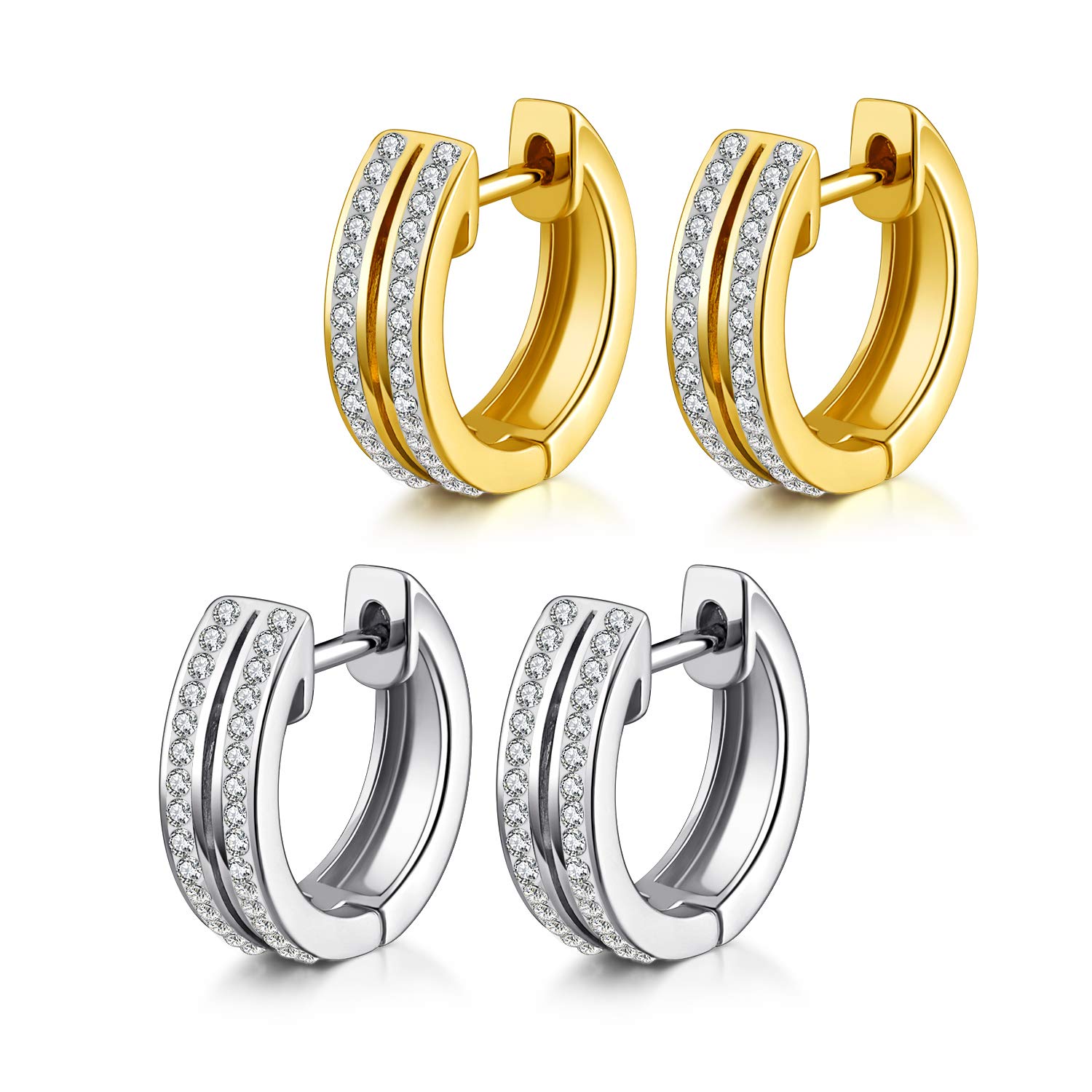 18K Gold Plated Double Row Cubic Zirconia Huggie Hoop Earrings for Women & Men - Elegant Cuff Earrings for Date Night, Wedding & Everyday Wear