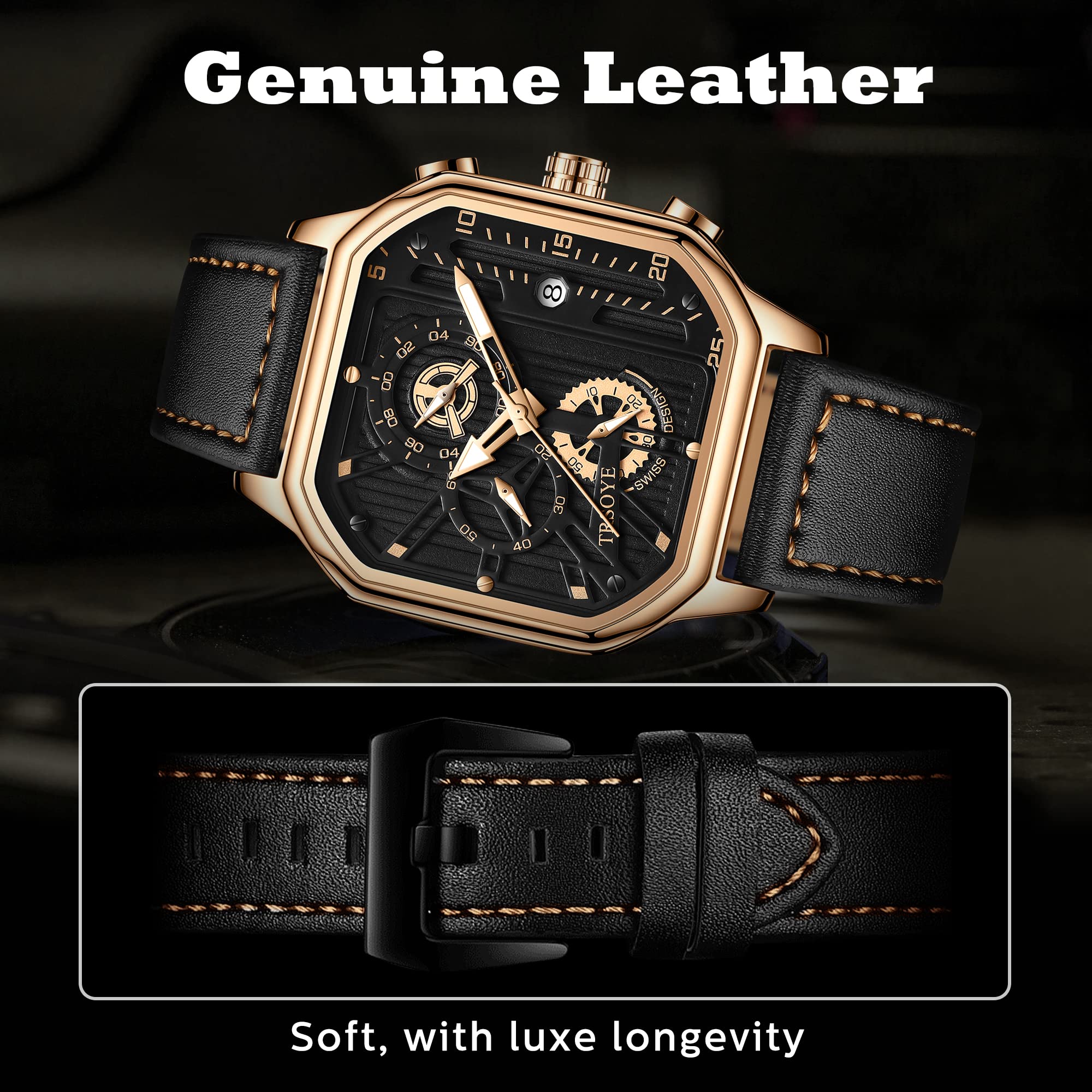 **Men's Chronograph Analog Quartz Wristwatch - Black Fashion Casual & Business Dress Watch with Calendar, Leather Band, 30M Waterproof - Perfect for Office, Parties & Everyday Wear**