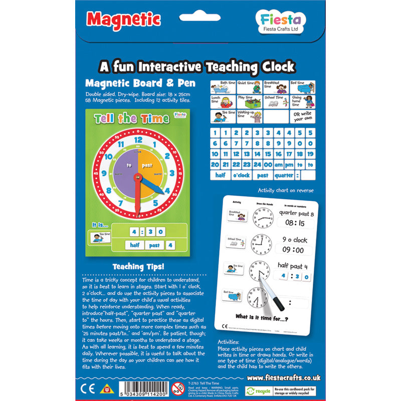 Fiesta Crafts Magnetic Tell The Time Clock - Educational Toy for Kids Learning to Tell Time - Perfect for Classroom, Homeschool & Playroom Activities