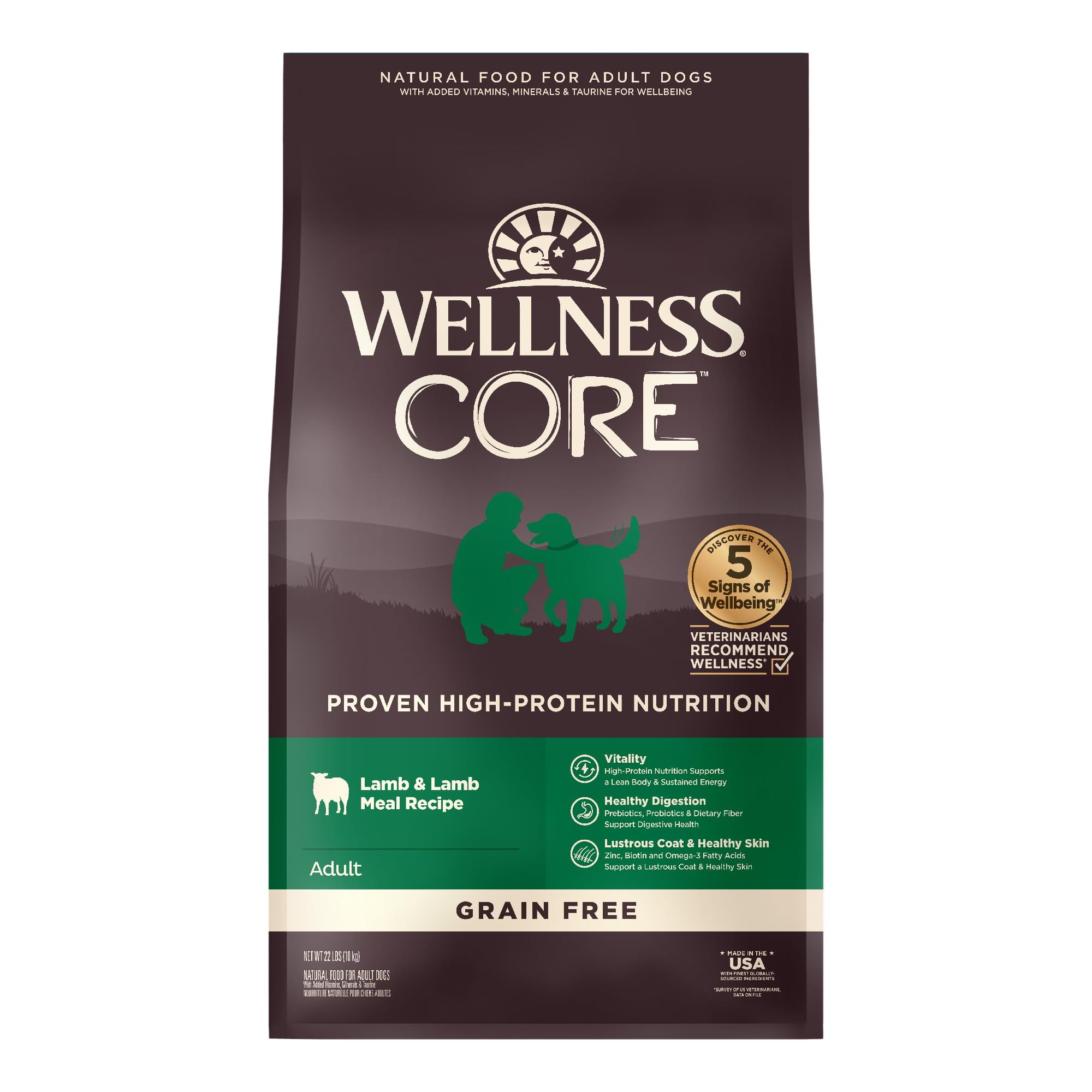 Wellness CORE Grain-Free High-Protein Dry Dog Food for Adult Dogs - Natural Ingredients with Real Lamb, Made in USA - All Breed Sizes (22lb Bag) - Perfect for Active Dogs & Weight Management