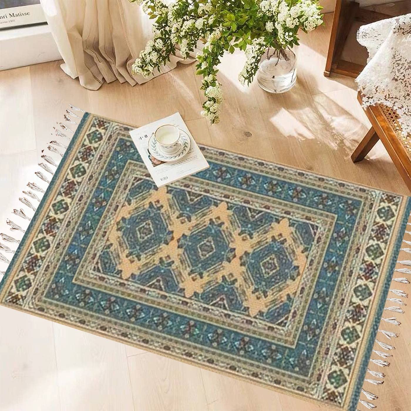 Vintage Cotton & Linen Tassel Rug - Colorful Oriental Mosaic Bokhara Design with Geometric Boho Patterns | Washable Woven Area Rug for Living Room, Bedroom, Kitchen, Bathroom & Outdoor Decor