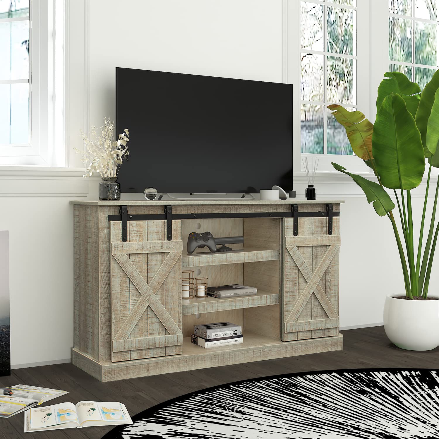 Farmhouse TV Stand with Sliding Barn Doors - 55 Inch Entertainment Center with Storage Cabinet & Adjustable Shelves, Rustic TV Console Table for Living Room, Bedroom, Home Theater (Gray)