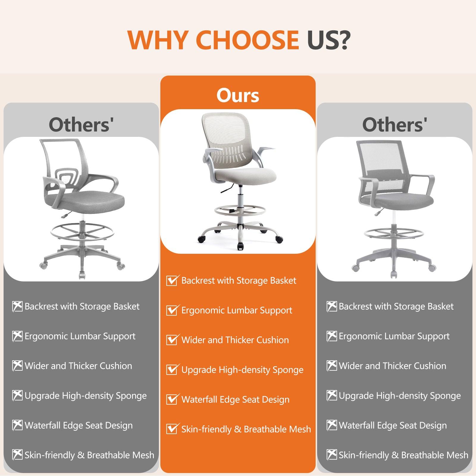 Ergonomic Drafting Tall Office Chair with Flip-Up Armrests - Adjustable Height High Desk Chair for Home Office, Studio & Drafting Table Use