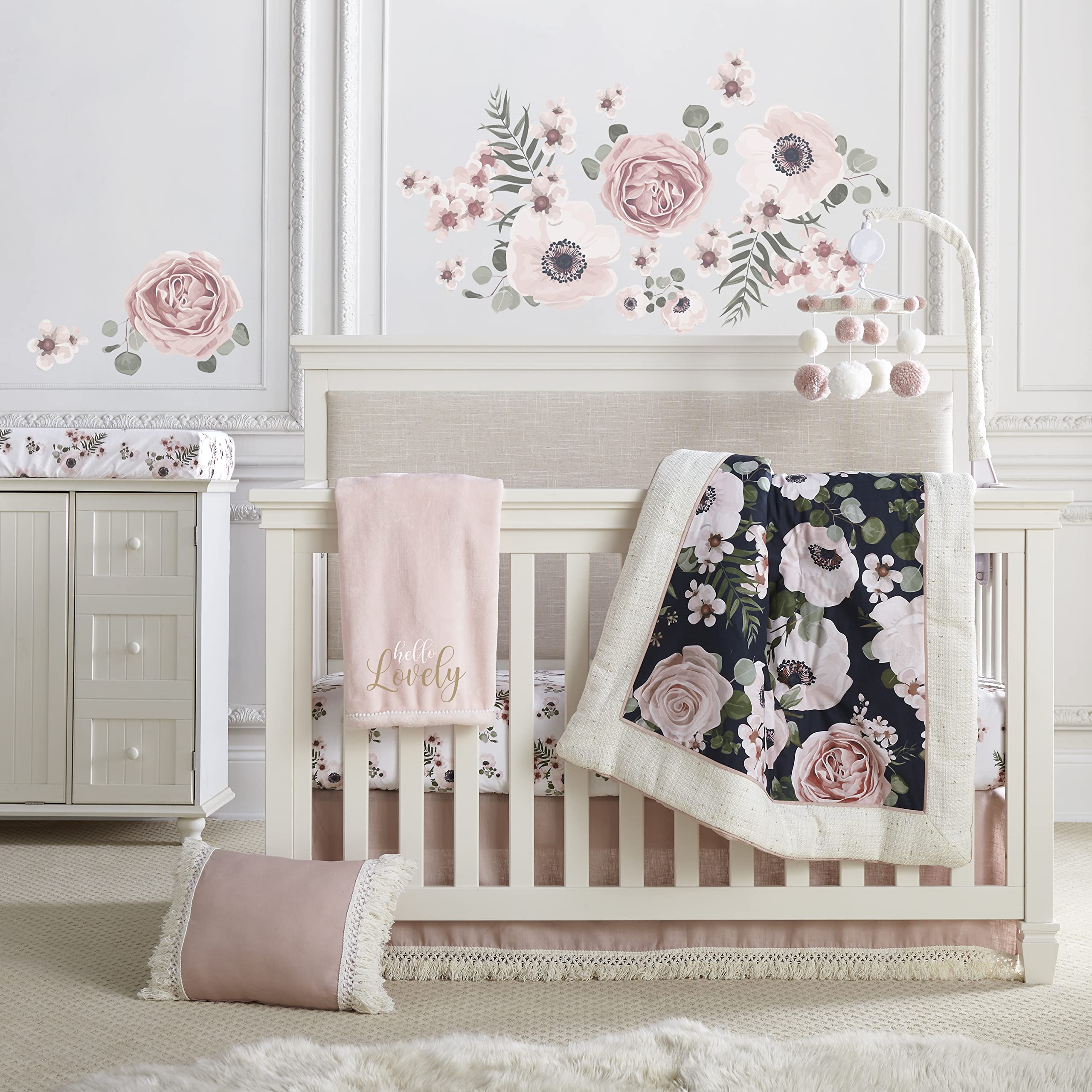 Levtex Baby Fiori 4-Piece Crib Bedding Set - Floral Nursery Collection in Charcoal, Coral, Pink, Green & Cream - Includes Quilt, Fitted Sheet, Wall Decal & Dust Ruffle - Perfect for Baby Girls' Room Decor & Nursery Themes