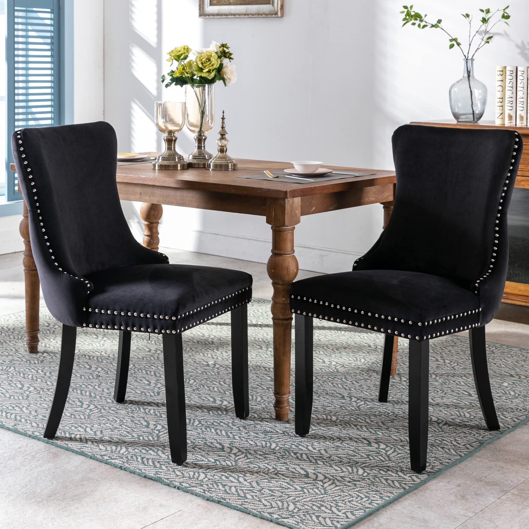 Velvet Upholstered Dining Chairs Set of 2 - Wingback Kitchen Accent Chairs with Solid Wood Legs, Nailhead Trim & Button Tufted Back - Stylish Luxury Elegant Black Dining Room Chairs for Home Decor & Entertaining