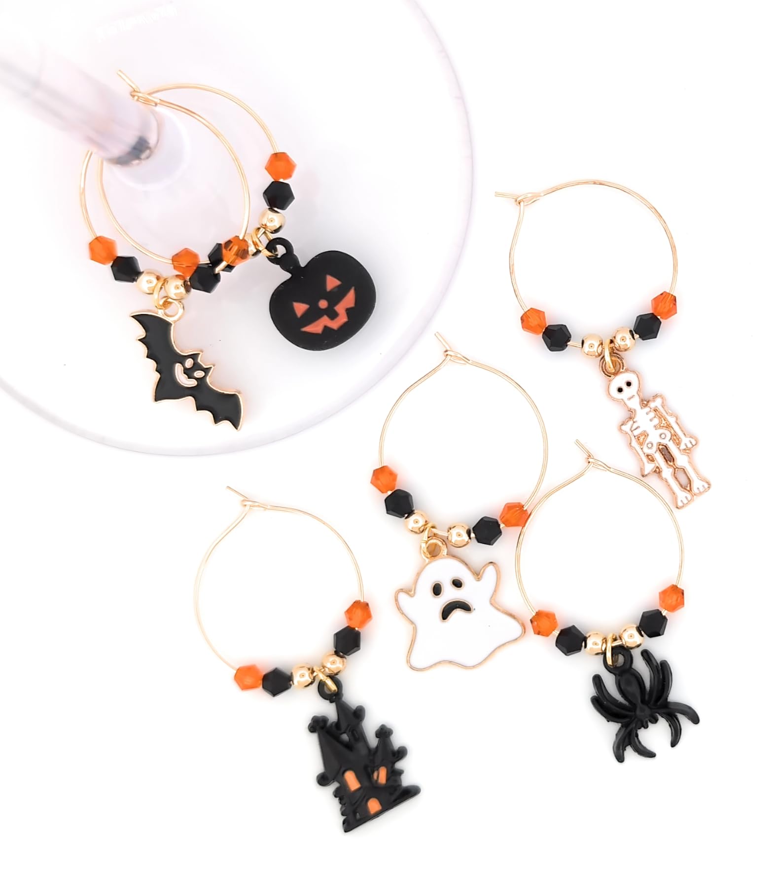 Halloween Wine Glass Charms Set - Ghost, Pumpkin & Witch Hat Glass Markers (6-Pack) - Perfect for Halloween Party Decorations & Drink Identification
