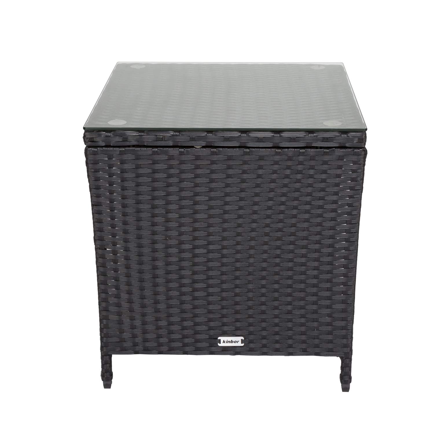JSUN7 Outdoor Wicker Side Table with Storage & Glass Top - Square Rattan Patio End Table for Deck, Balcony, Poolside - Weather-Resistant Black Outdoor Furniture for Relaxing by the Pool or Entertaining Guests