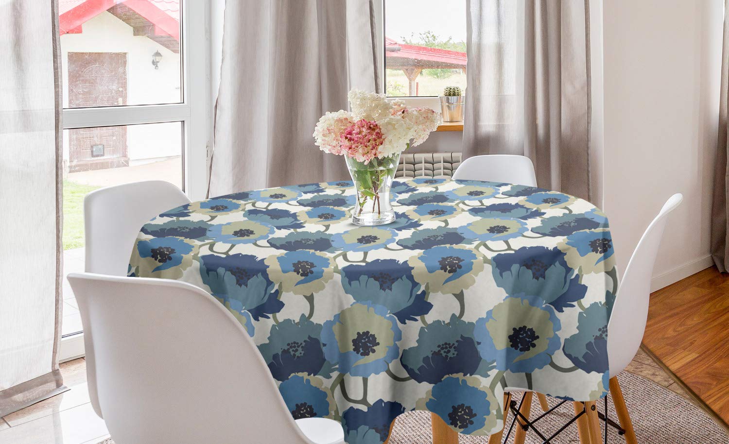 Ambesonne Floral Round Tablecloth 60 Inch - Digital Painted Blossom Bouquet Design in Slate Blue & Beige, Romantic Botanical Table Cover for Dining Room, Kitchen Decor | Perfect for Spring Parties, Wedding Receptions & Home Decoration