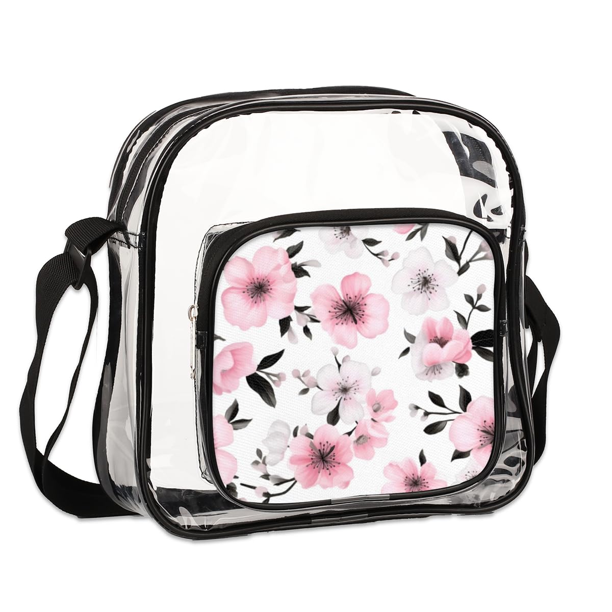 Clear PVC Crossbody Bag with Cherry Blossom Design - Stadium Approved Transparent Messenger Purse for Concerts, Sports Events & Work (9.84