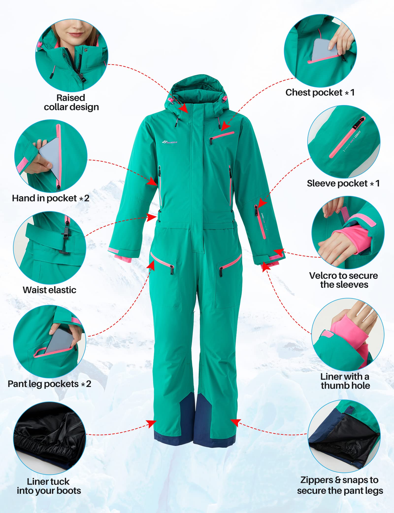 Women's Waterproof Ski Suit Winter Thermal Snowsuit with Removable Hood - One Piece Ski Jumpsuit for Women - Perfect for Skiing, Snowboarding & Outdoor Winter Sports