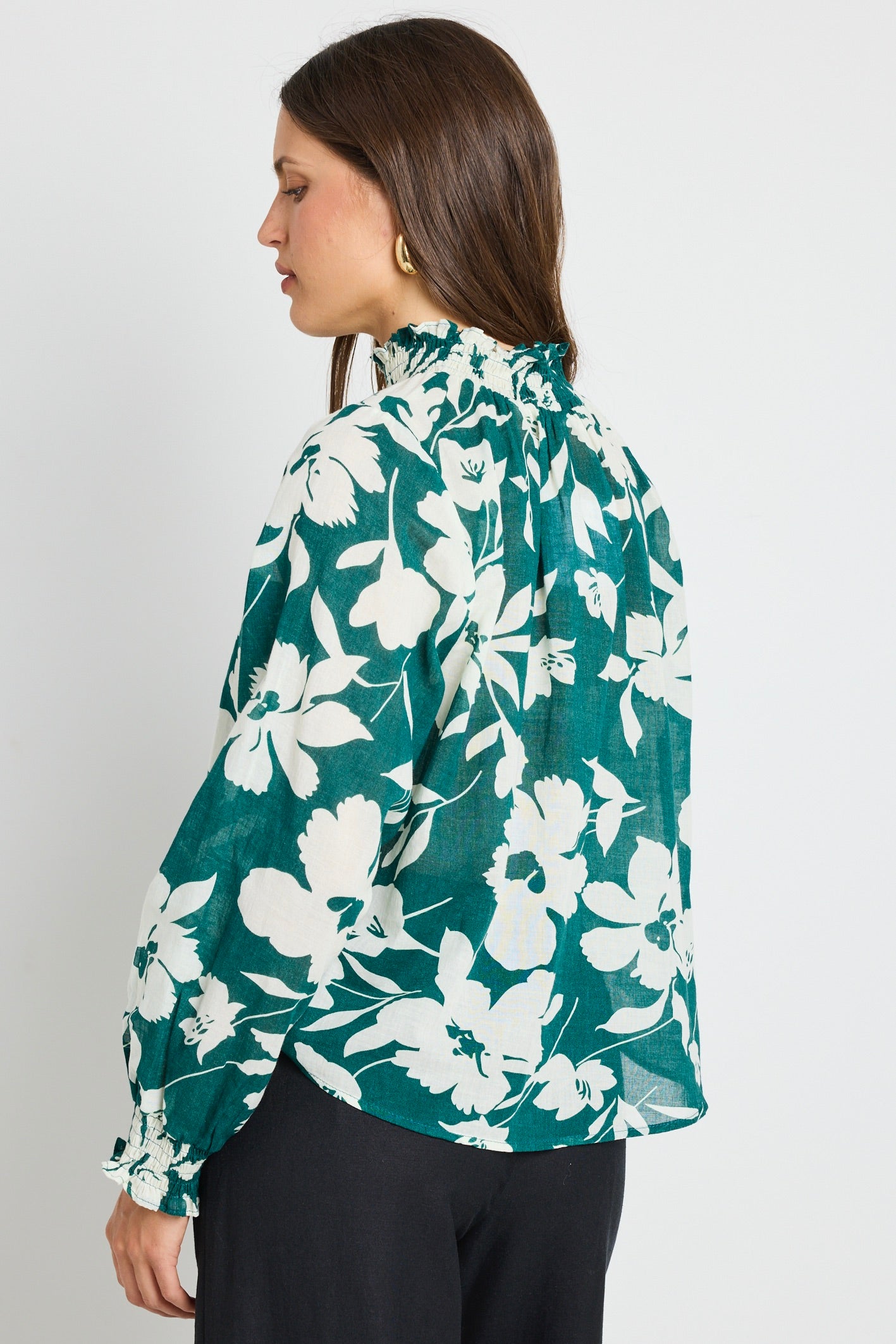 Affection Forest Floral Print Shirred High Neck Long Sleeve Blouse for Women | Elegant Spring Summer Tops | Perfect for Dating, Office & Casual Outings