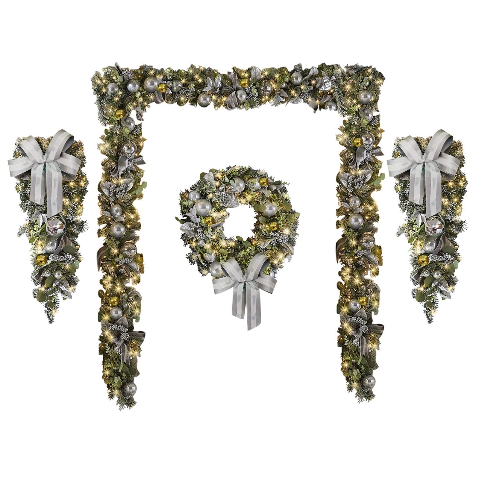 Silver Christmas Wreath - Elegant Door Cane Wreath with Garland & Bow Decor for Holiday Home Decoration | Perfect for Front Door, Mantel, or Wall Display | One Size